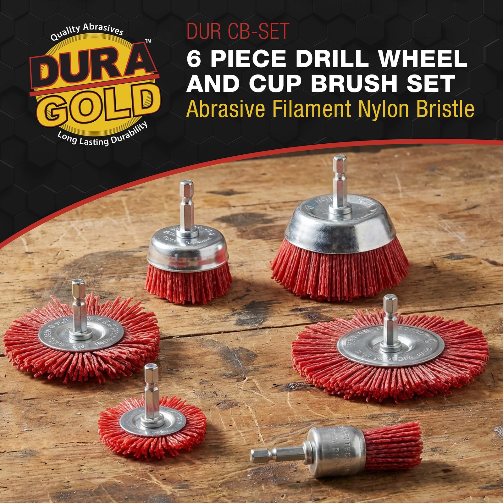 6 pc Abrasive Filament Nylon Bristle Drill Wheel and Cup Brush Set, 1/4″ Drill