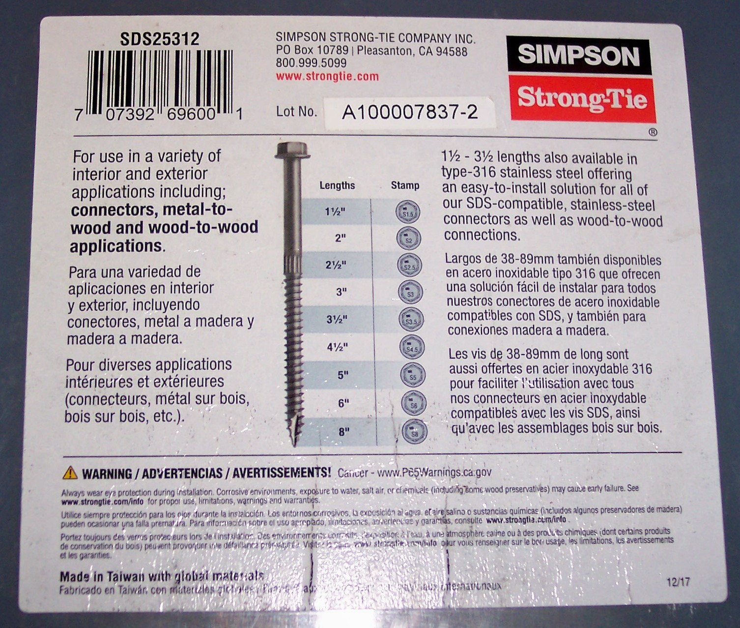 Simpson SDS25312 100 Ct. Strong-Drive SDS Heavy-Duty 3-1/2” Connector Screw