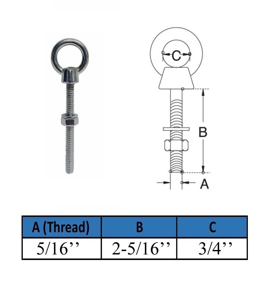 Marine T316 Stainless Steel 5/16″ x 2-5/16″ Shoulder Eye Bolt 800 Lbs WLL