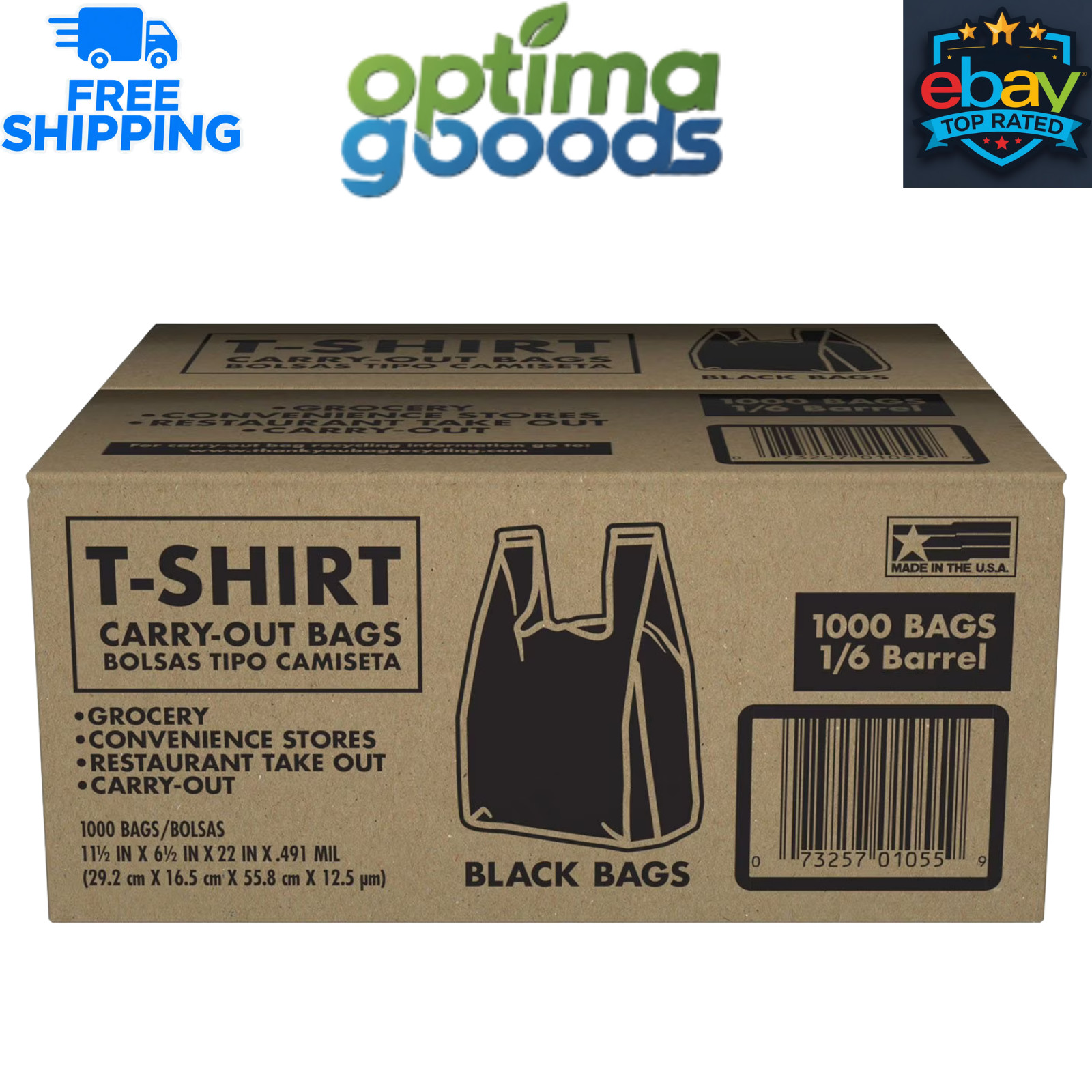 Black T-Shirt Carryout Bags 11.5×6.5×22 Plastic Grocery Shopping Bags 1000 ct.