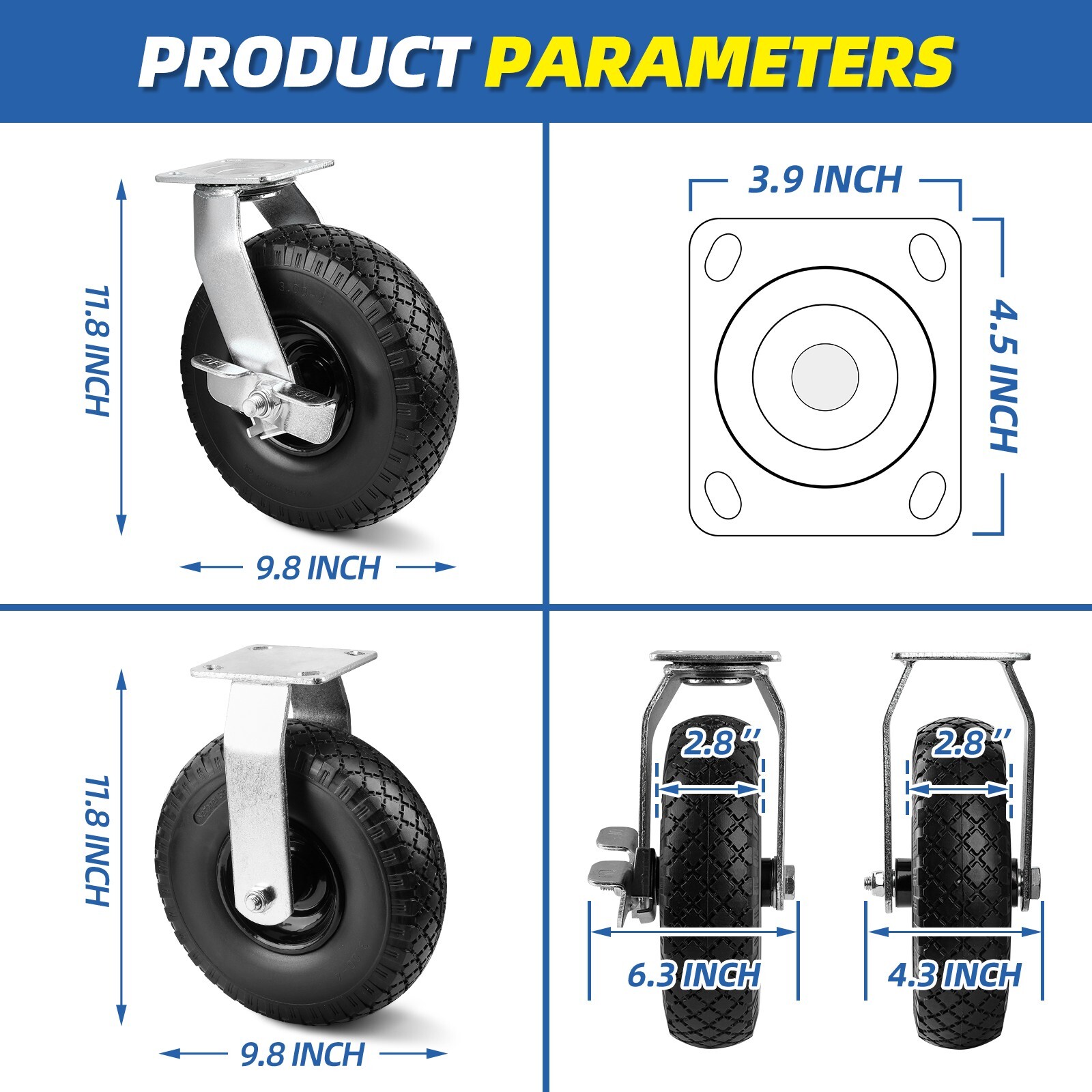 4Pcs 10″ Flat-Free Wheel 2 Rigid + 2 Swivel Cart Caster Black Durable