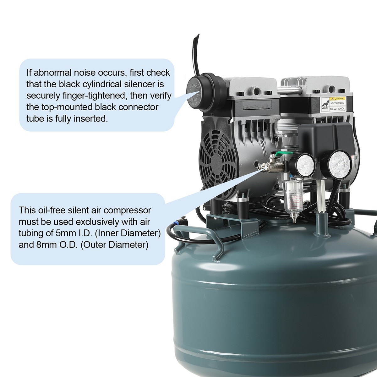 Dual Gauge Oil-Free Dental Air Compressor 40L/24L 155L/min Tank 58dB Low Noise