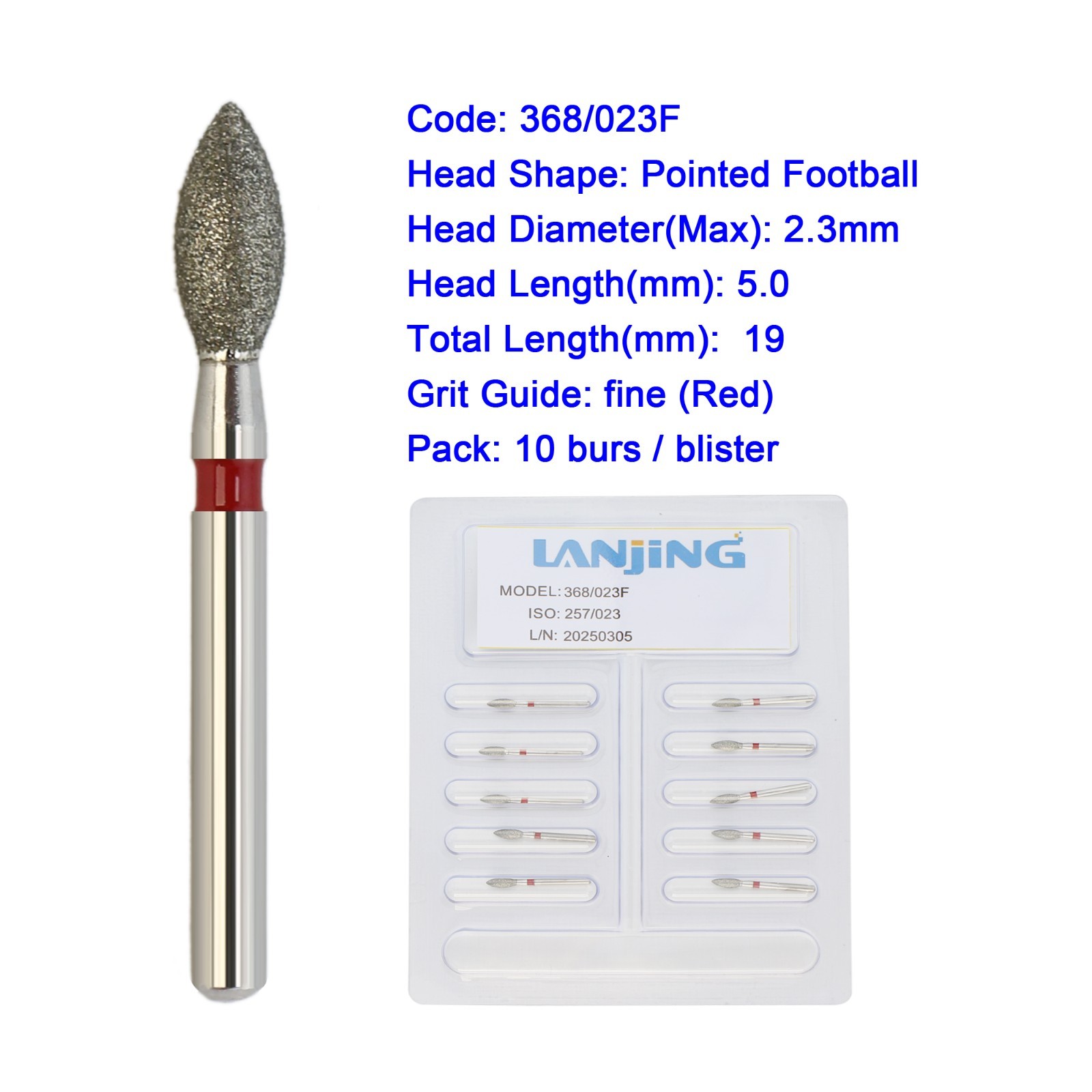 Dental Diamond Burs FG Football Bur 368/023F High Speed Friction Grip Fine Burr
