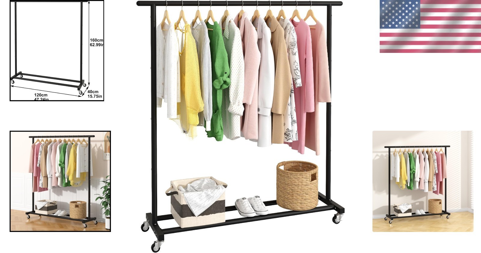 Metal Clothing Rack Adjustable Freestanding Garment Organizer with Wheels Black