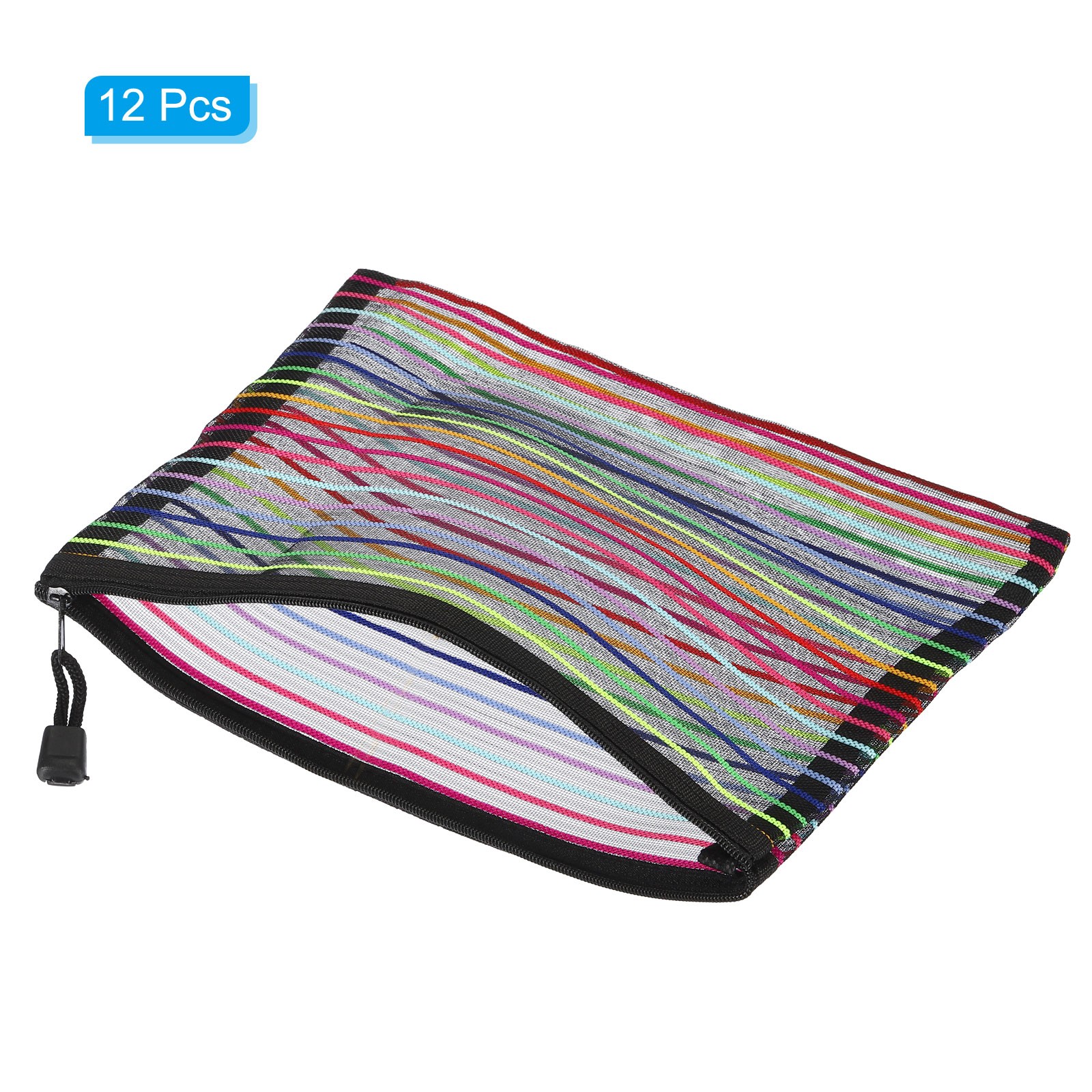 12Pcs Mesh Zipper Pouch, A5 Document Makeup Zipper Bag Travel Pouch, Black