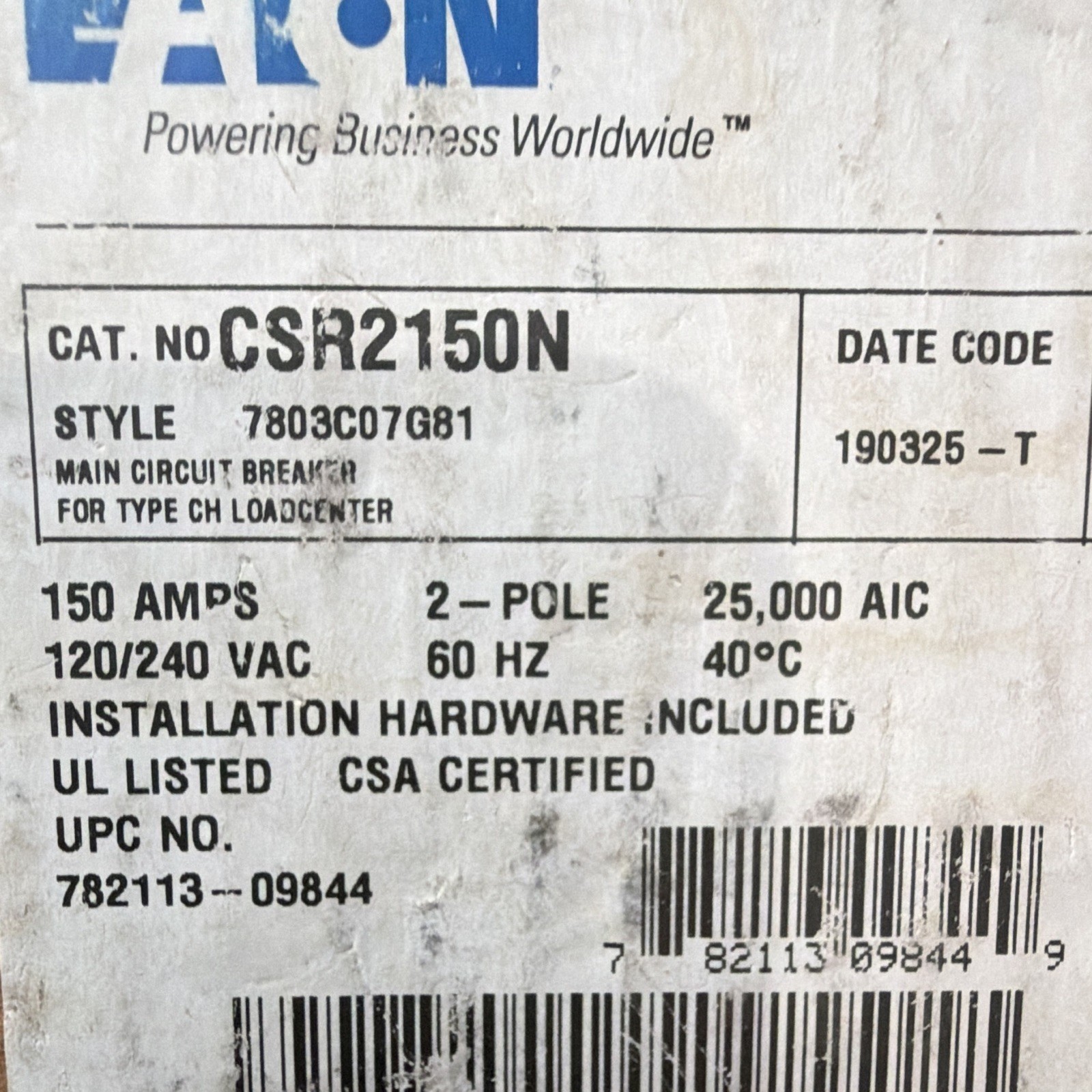 Eaton CSR2200N 200A 2-Pole 120/240V Main Circuit Breaker 25k AIC