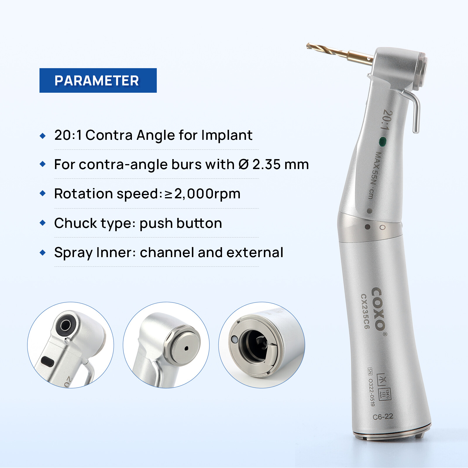 COXO Dental 20:1 Implant Surgical Handpiece Contra Angle LED External Water