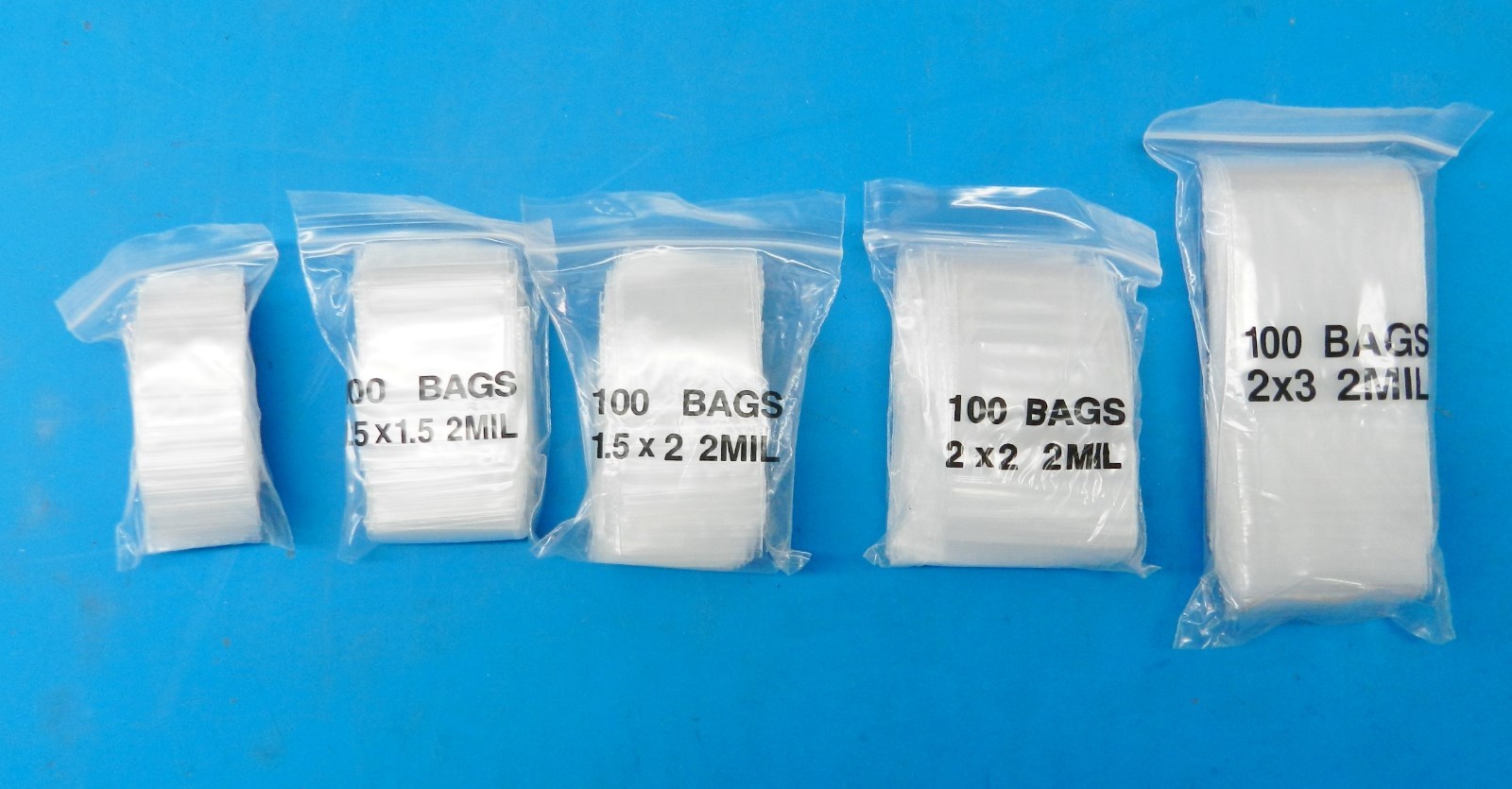 500 ASSORTED Clear 2 mil Bags 5 Sizes 100@ – 1×1 1-1/2×1-1/2 1-1/2×2 2×2 2×3