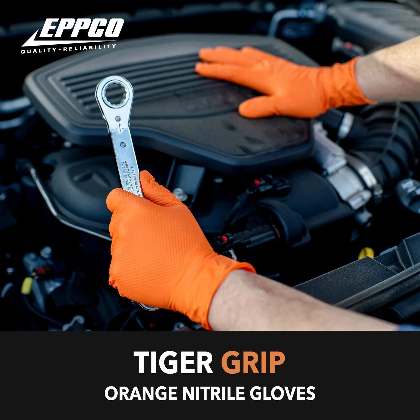 EPPCO 8843 Tiger Grip Orange Nitrile Gloves, Medium – 100 Pc/BOX