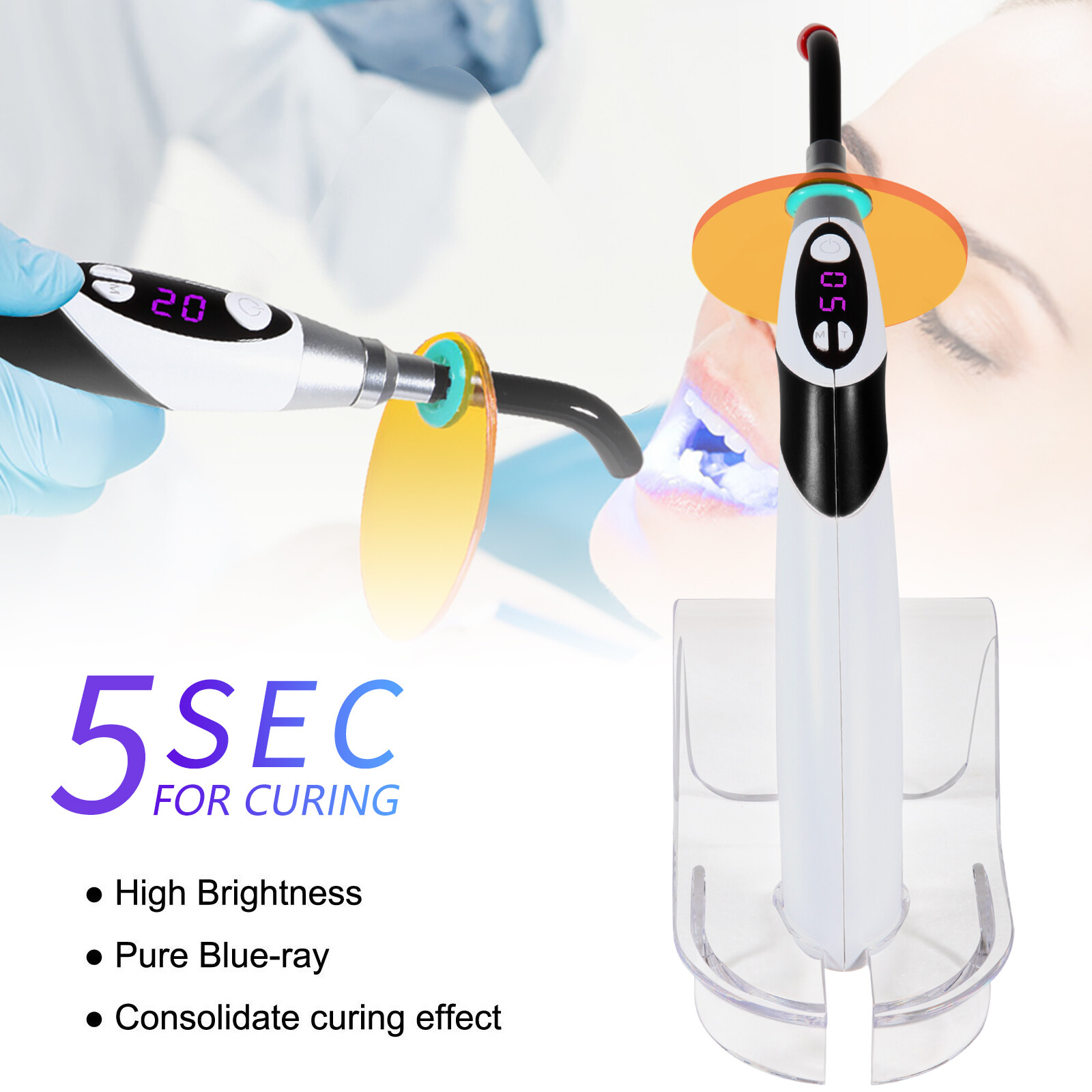 Dental Light Cure Lamp Cordless 3 Modes Metal Head LED 5SEC Dental Curing Light