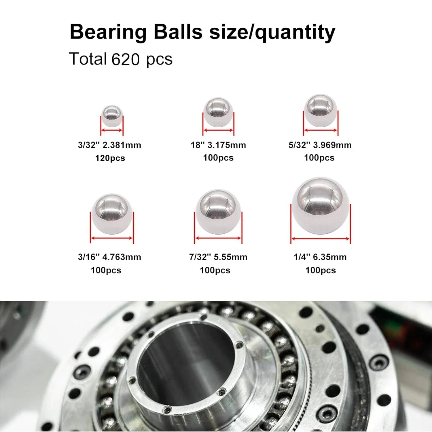 620PCS 304 Stainless Steel Precision Balls Bicycle Bearing Balls Assortment Kit