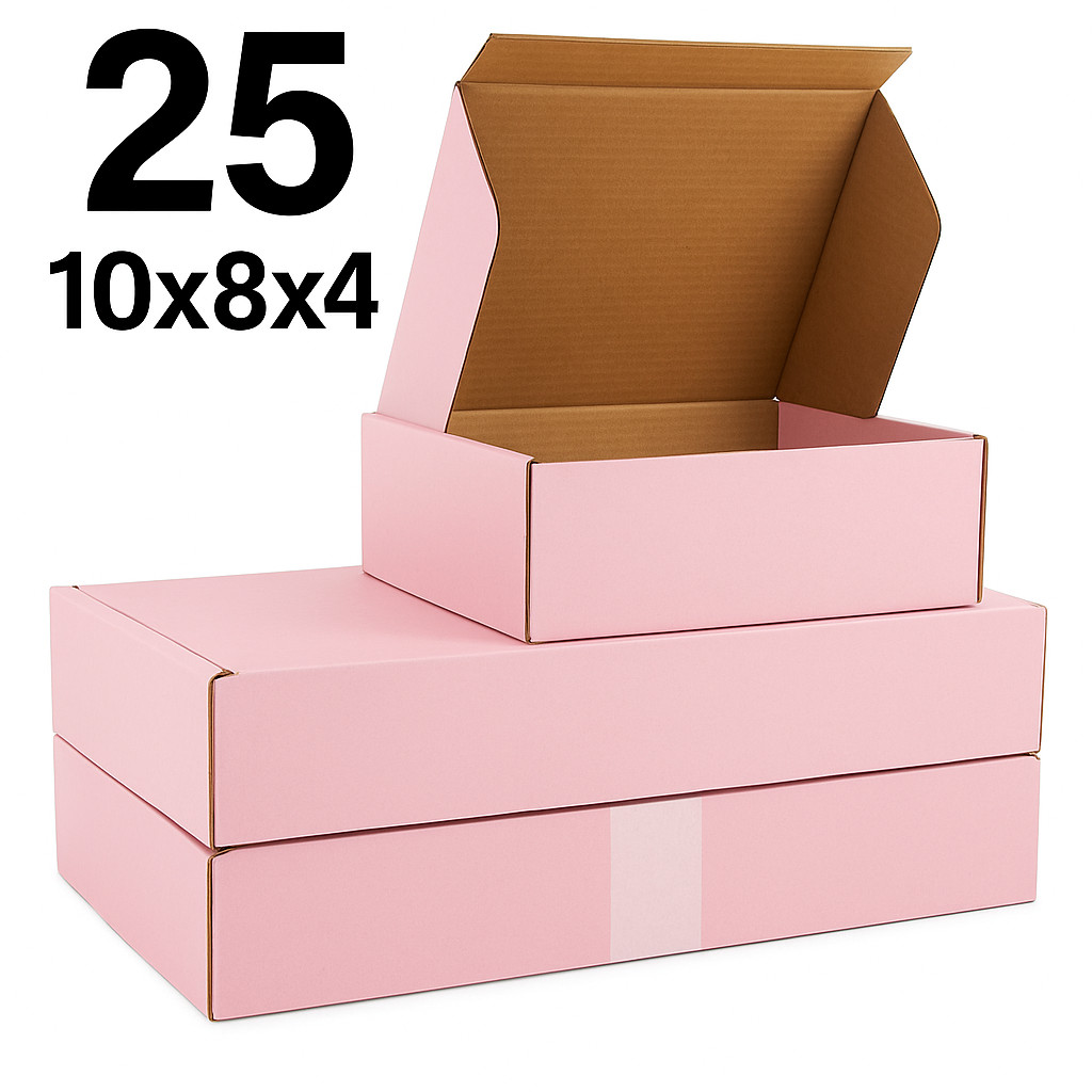 25 Pink Shipping Boxes 10x8x4 Self-Folding Cardboard Mailers for Gifts & Packing