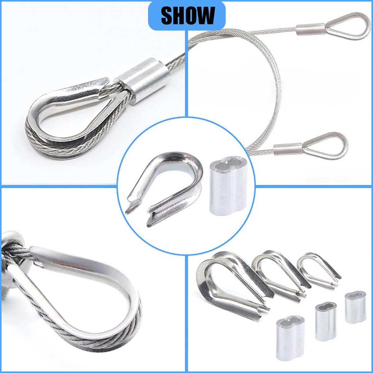 340Pcs Stainless Steel Wire Rope Cable Thimbles Aluminum Crimping Loop M2-M5 Kit