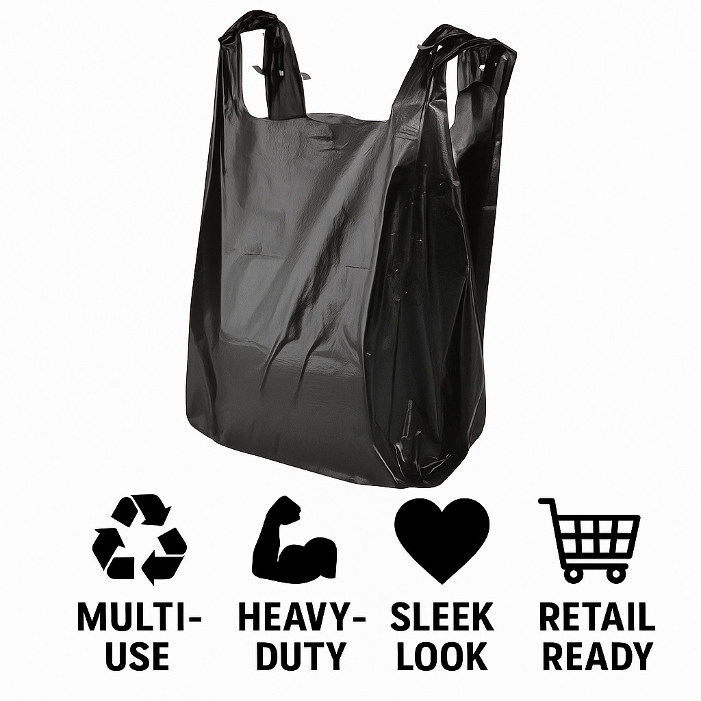 1/6 Black HDPE Plastic T-Shirt Bags 11.5×6.25×21″ Heavy-Duty .87mil Bulk
