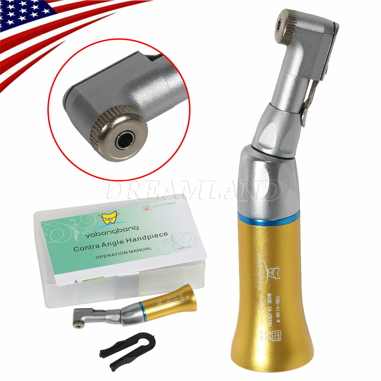 USA NSK Style Dental Contra Angle Low Slow Speed Handpiece Latch Type Gold 4Hole