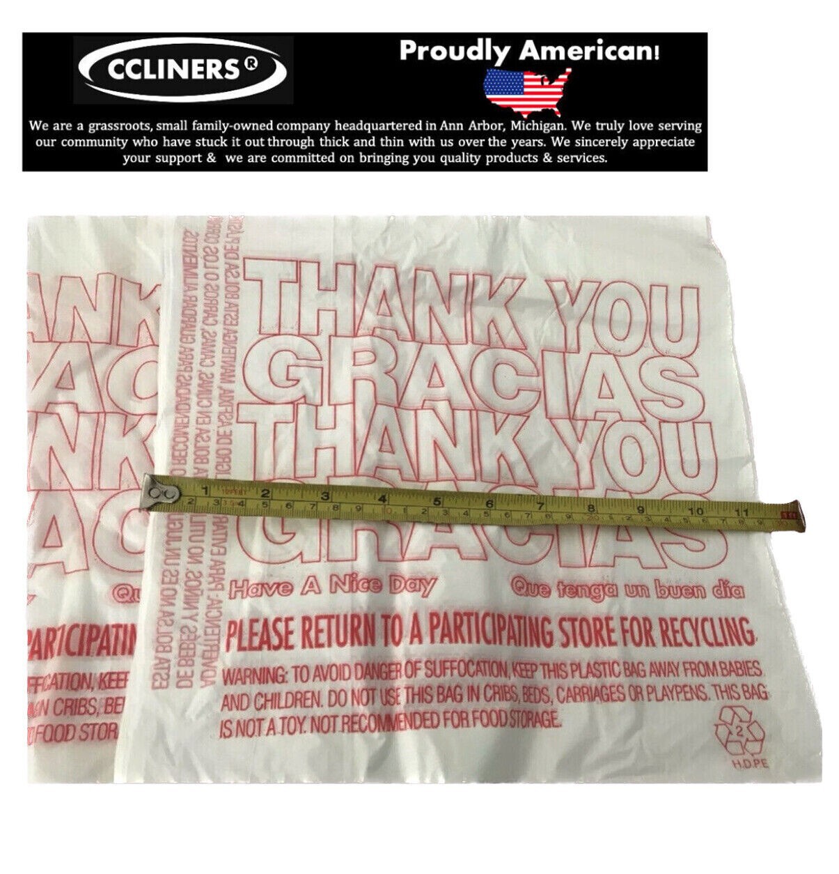 T-Shirt Carry-Out Bags Thank You Gracias Bags 11.5″ x 6.5″ x 22″ (1,000 ct.)