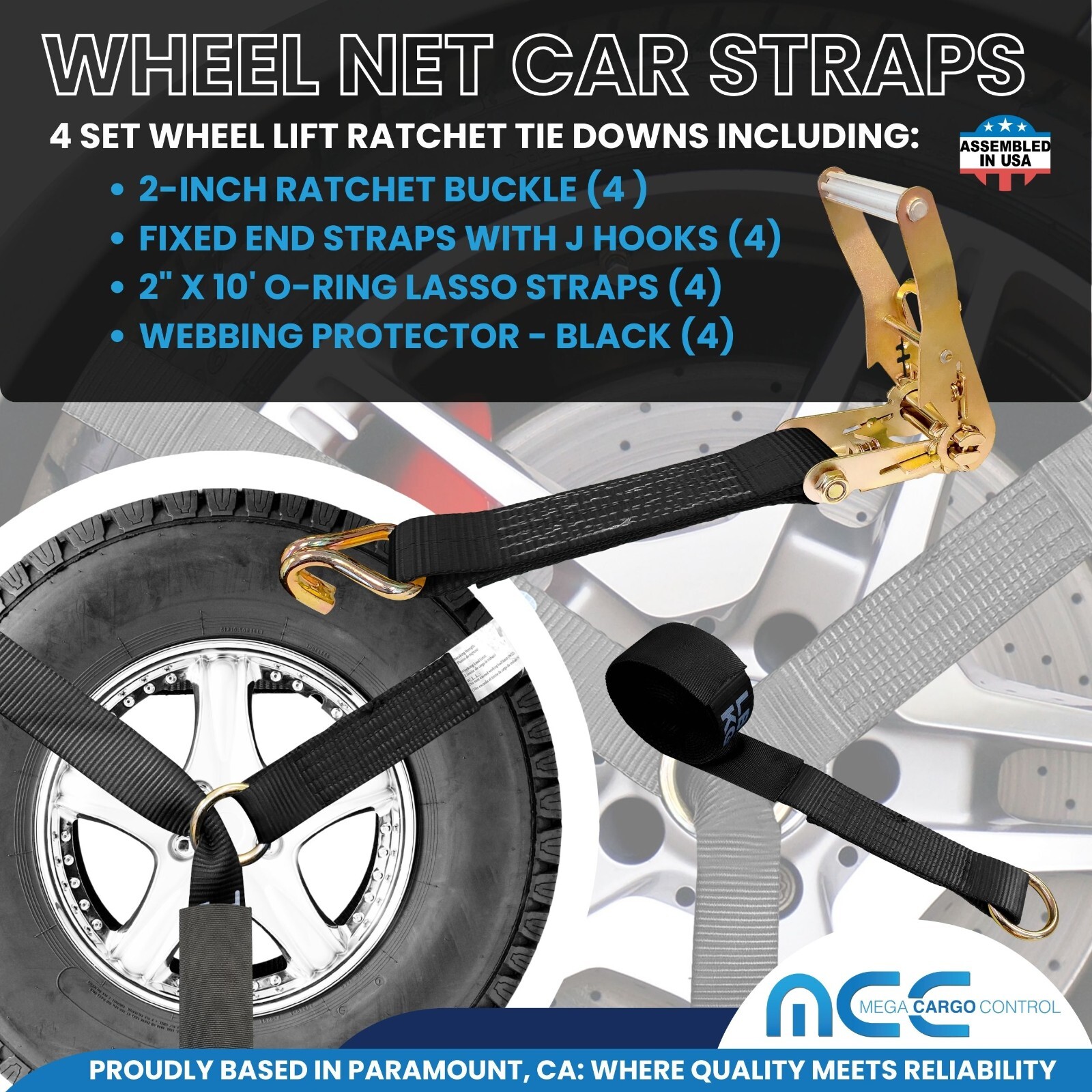 USA 4 Pack 2″ x 10′ Side Mount Wheel Net Tie Down Kit w/Wire J Hook Auto Hauler