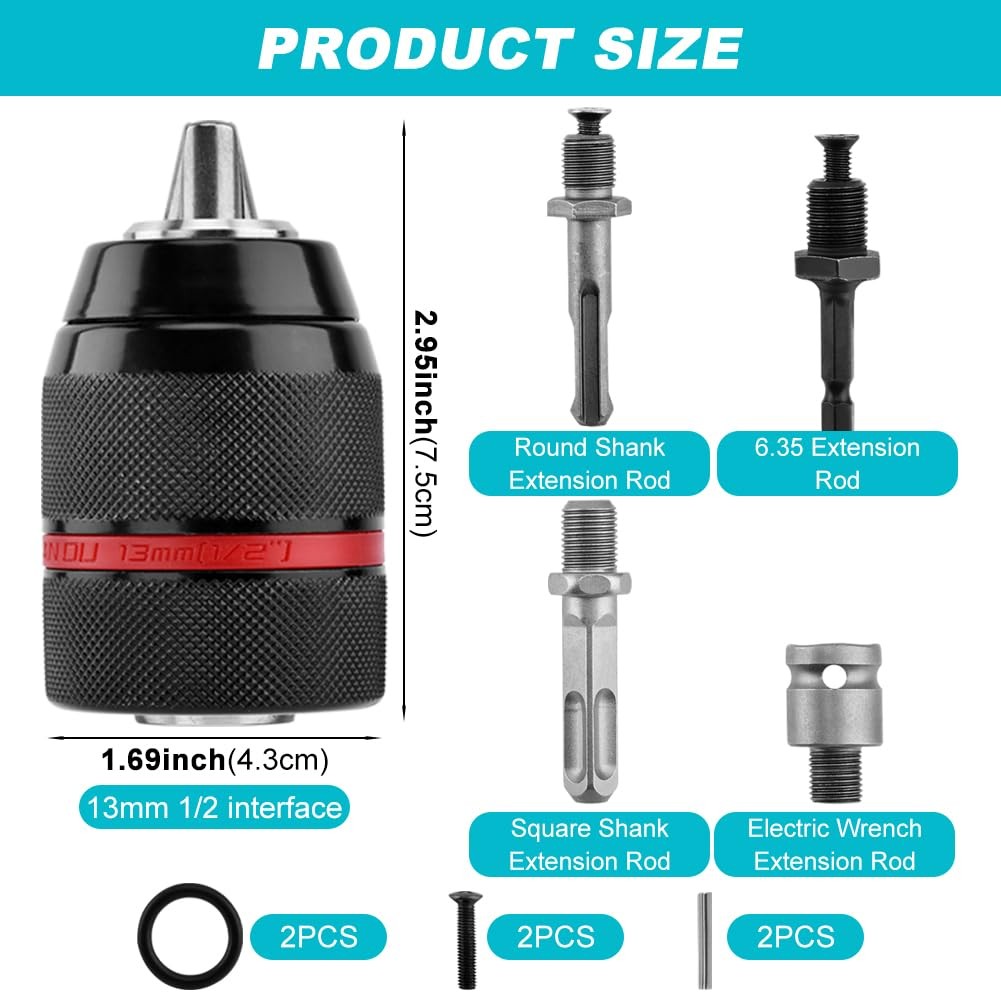 1/2 To 3/8 Impact Adapter, Keyless Drill Chuck 1/220unf Mount 1.513mm SelfTig…