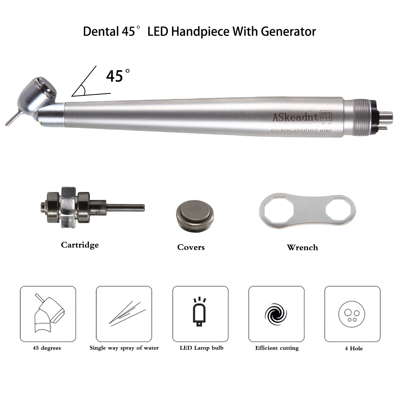 NSK Style Dental LED 45° Degree Surgical High Speed Handpiece Push Button 4 Hole