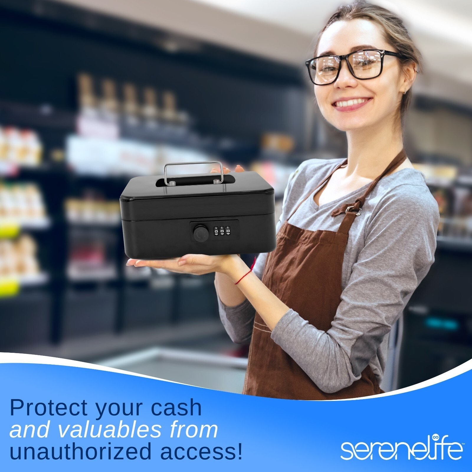 SereneLife 8″ Metal Cash Box w/ Lock, Cash Safe w/ Money Tray & Secure Lock