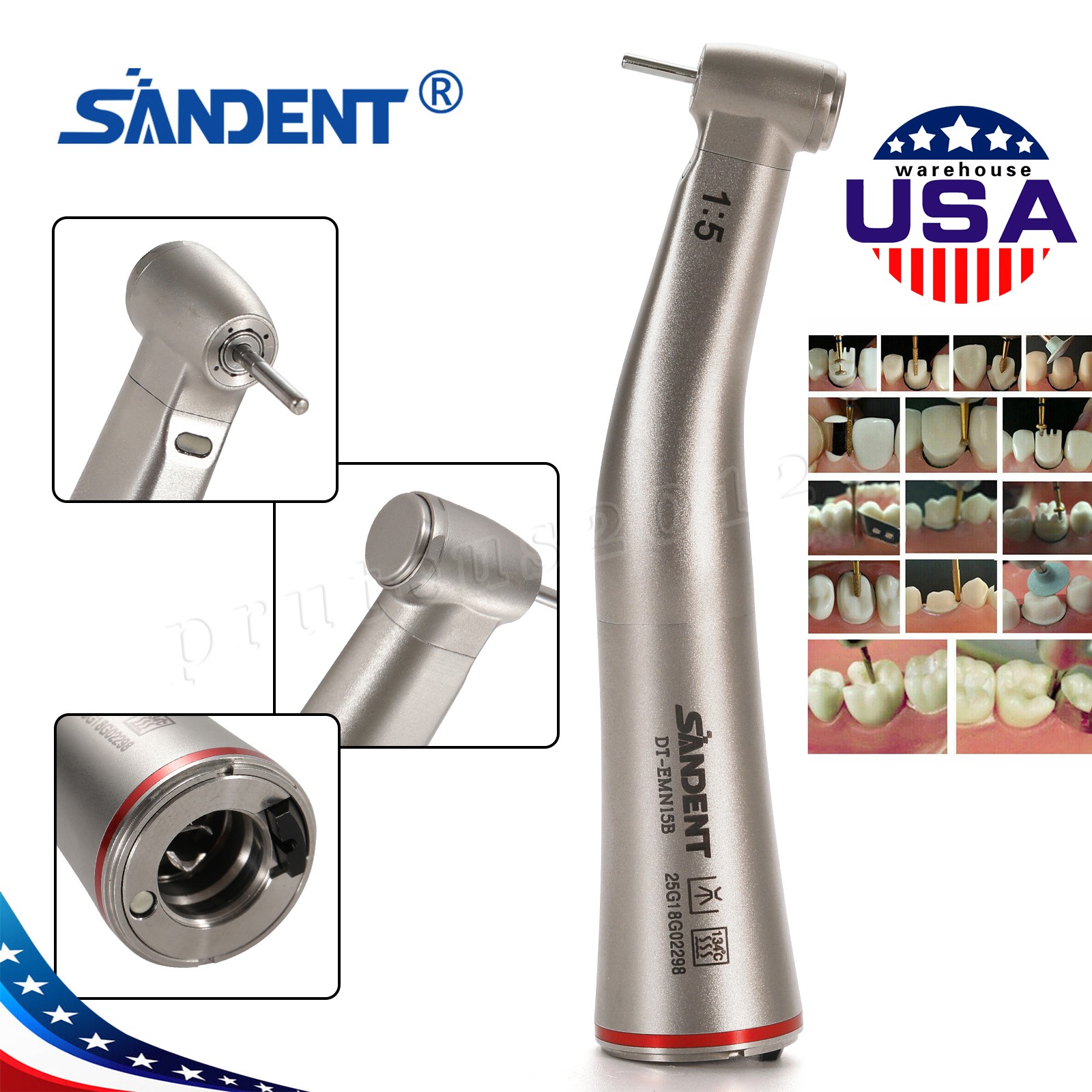 SANDENT 1:5 Contra Angle Electric Dental Handpiece Fiber Optic Mini Head DT-EM