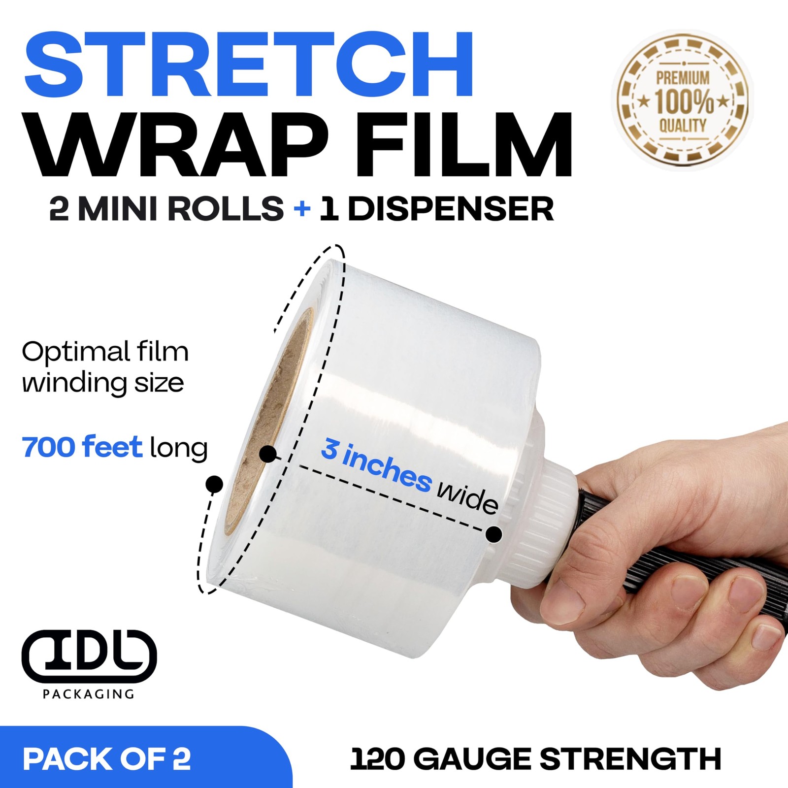 IDL Packaging 3″ Stretch Wrap Mini Roll, 700 feet, Rolls + Handle, Clear