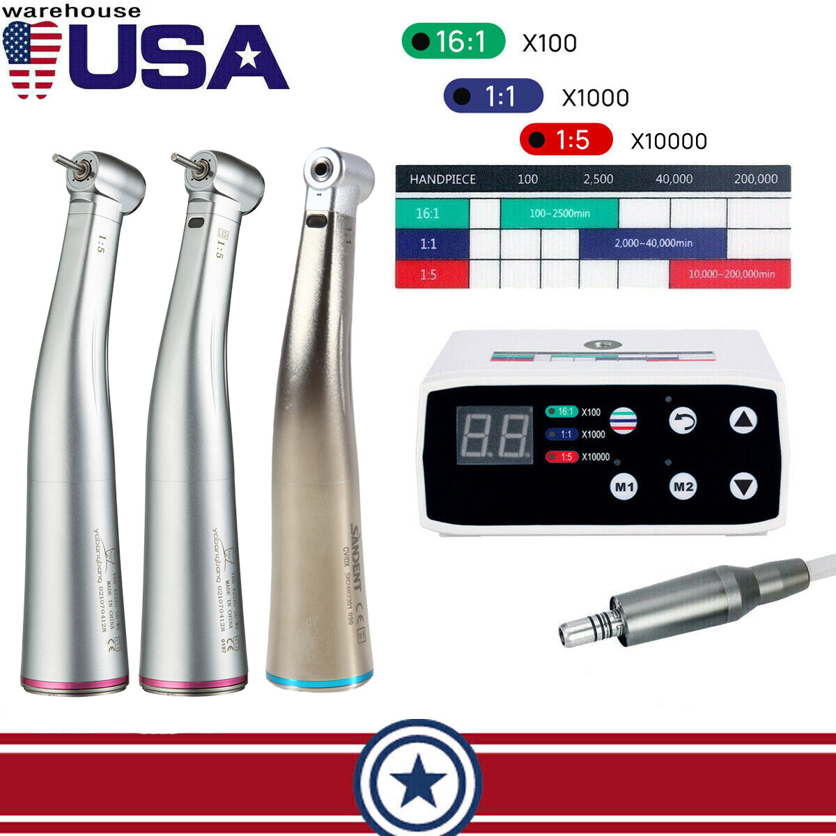 Dental Brushless LED Electric Micro Motor/1:1 1:5 Contra Angle Handpiece UPS