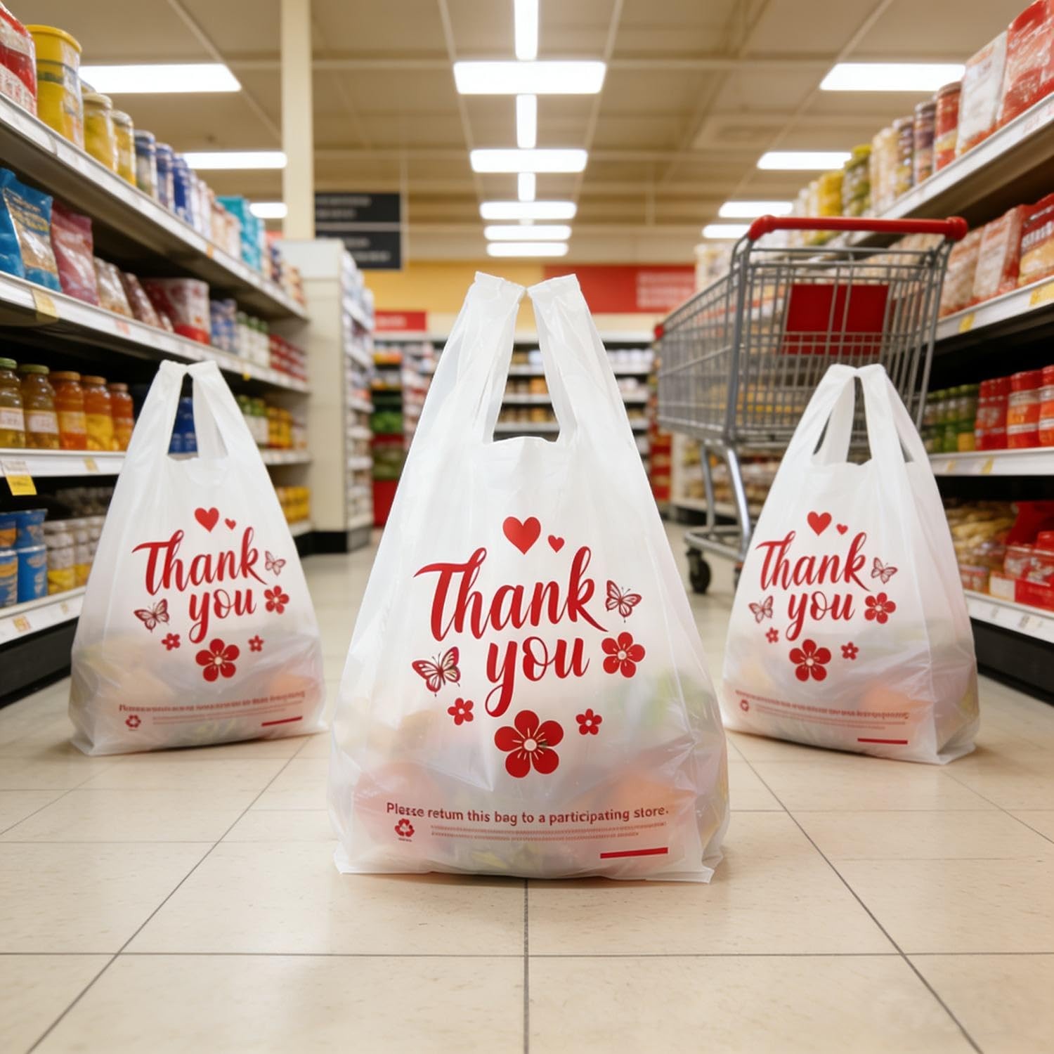 Cupplation White Thank You Plastic T-Shirt Bags with 11 X 6 X 21 Inch,