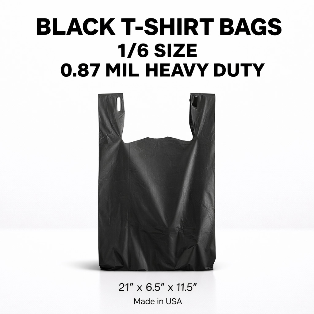 1/6 21 x 6.5 x 11.5 Heavy Duty .87 Mil BLACK T-Shirt Plastic Shopping Bags