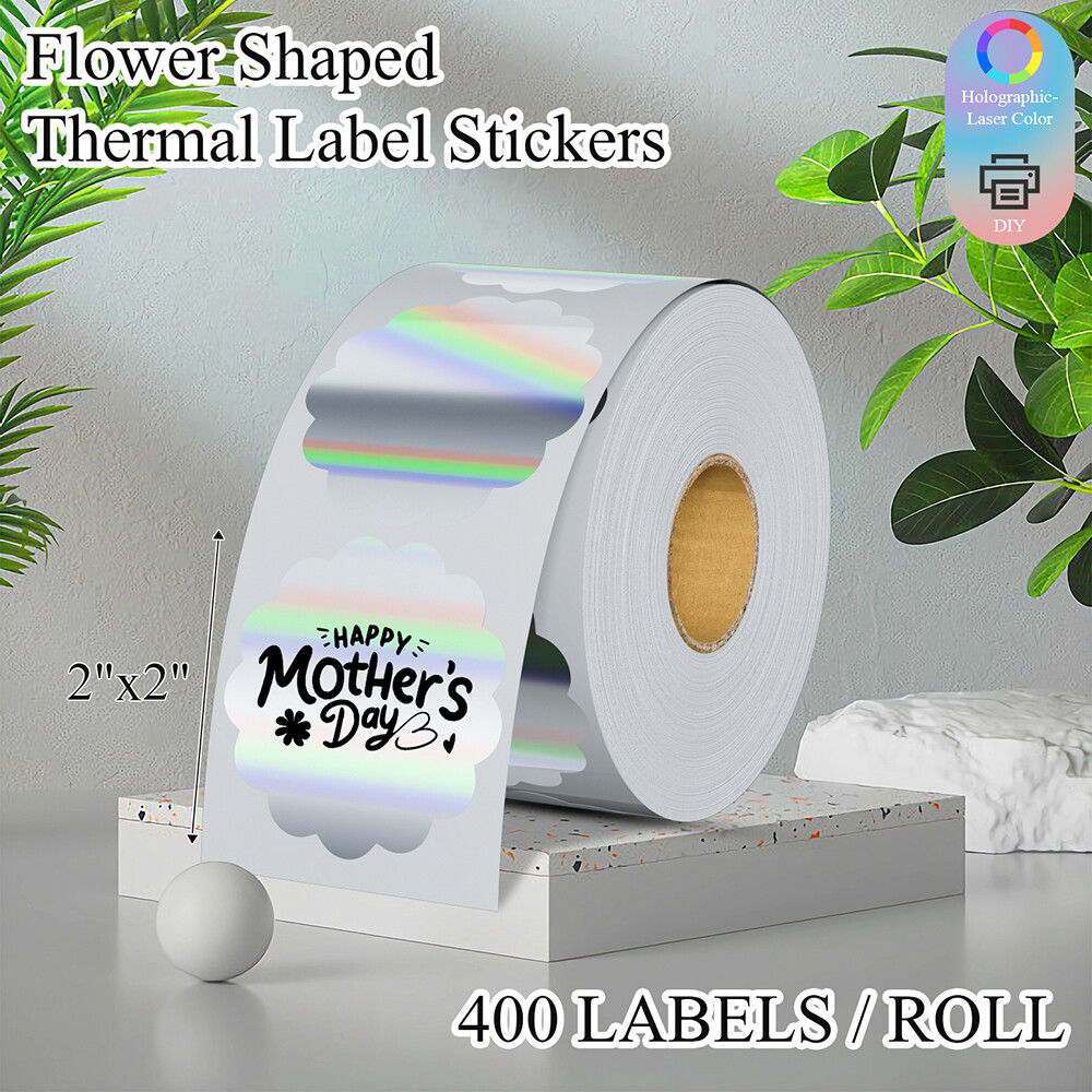 Holographic Thermal Labels Flower Heart Round Stickers for Logo Thanks Card Tag