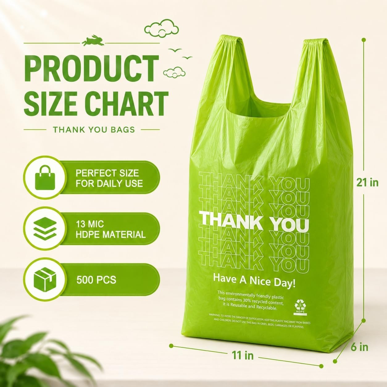 500 Count Green Plastic T-Shirt Bags 11″x6″x21″ – Grocery & Take-Out Shopping Ba