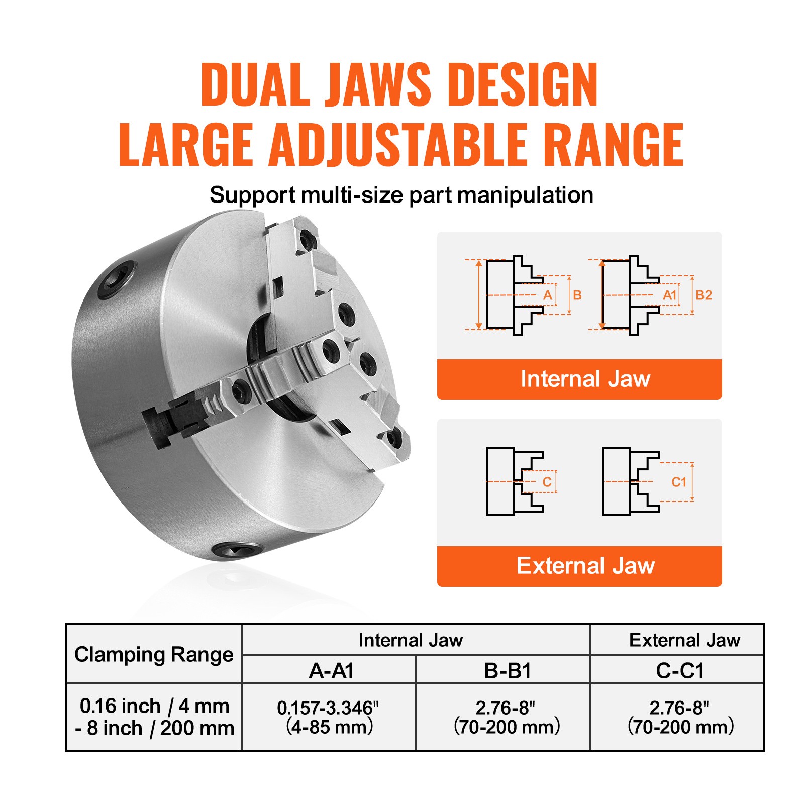 VEVOR 8” 3-Jaw Lathe Chuck Self-Centering Lathe Chuck for Grinding Drilling
