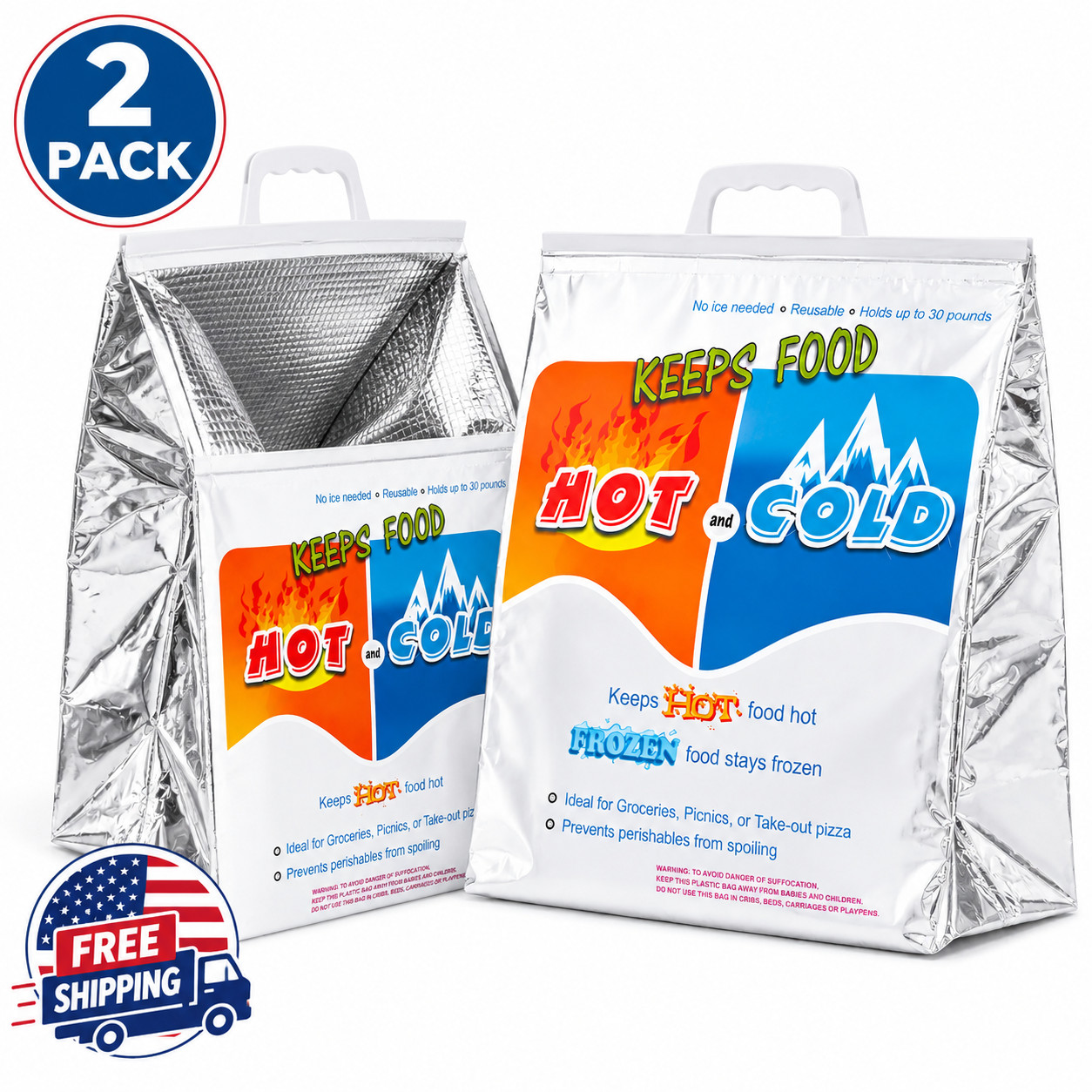 2 Pack Hot Cold Insulated Food Delivery Bags Thermal Grocery Shopping Cooler