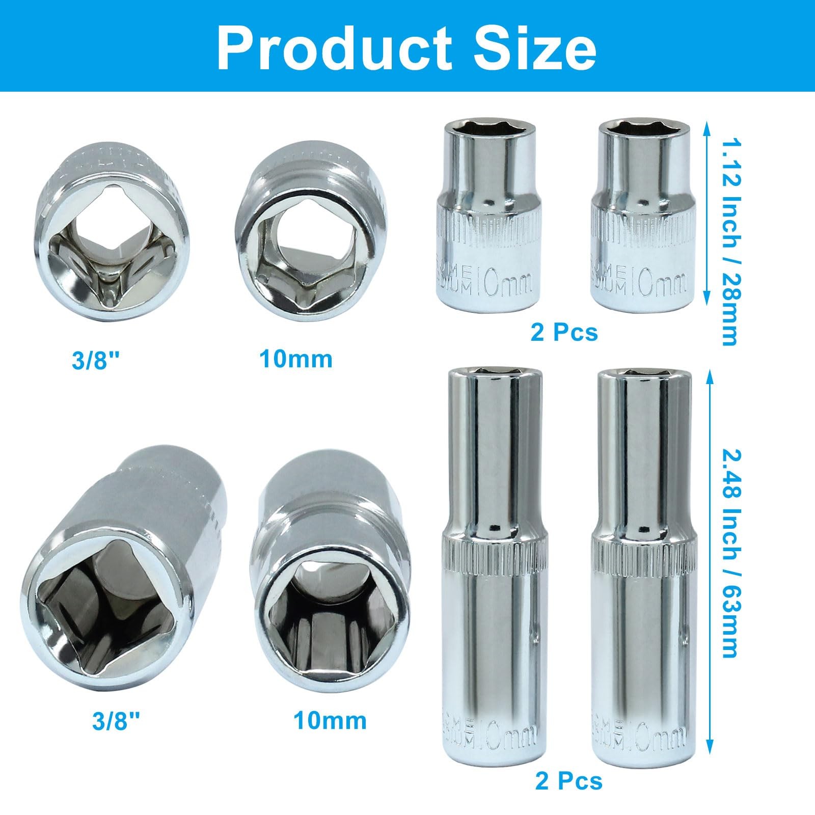 3/8 Inch Drive 10mm Shallow and Deep Socket Set 6 Point Hand Repair 4 Pcs