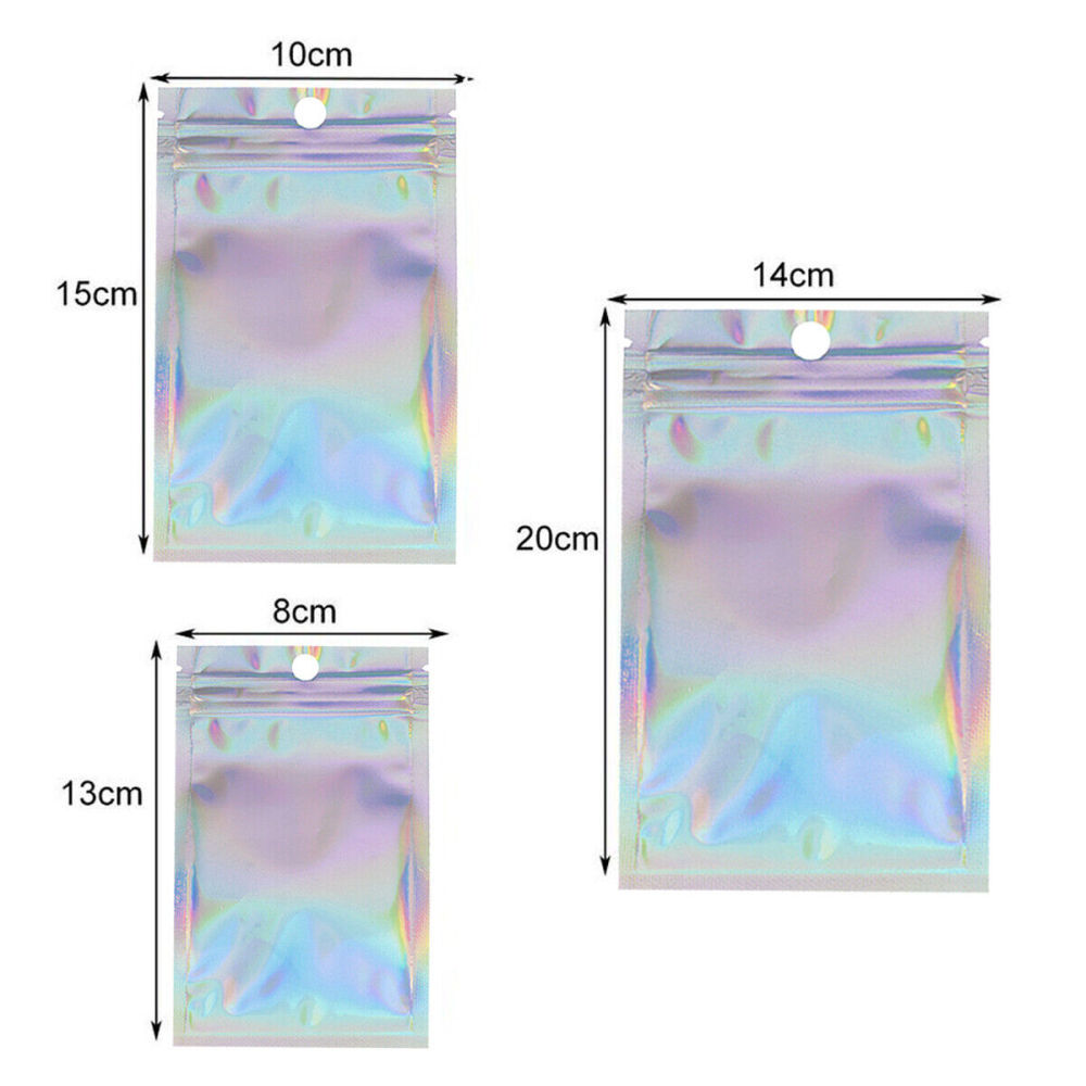 100/200 Resealable Holographic Mylar Foil Bags Zip Lock Pouch Clear Front 3 Size
