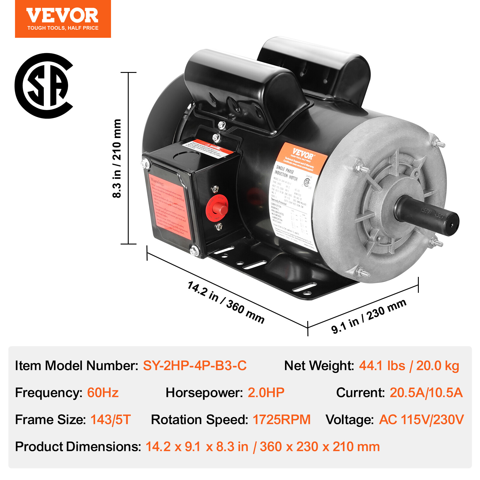 VEVOR 2HP Electric Motor 1725RPM 143/5T Frame 1-Phase 7/8″ Key Shaft 115/230V