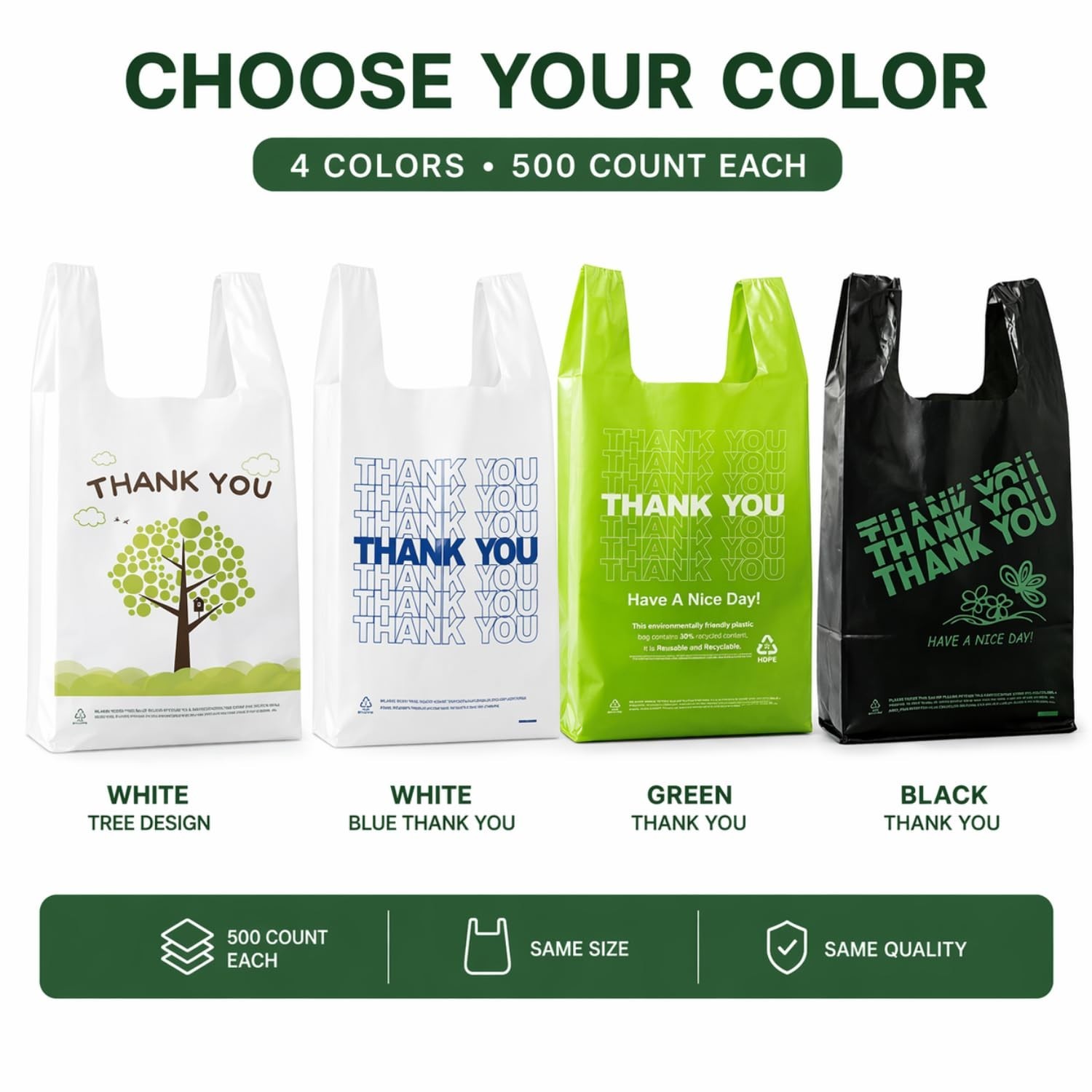 500 Count Green Plastic T-Shirt Bags 11″x6″x21″ – Grocery & Take-Out Shopping Ba