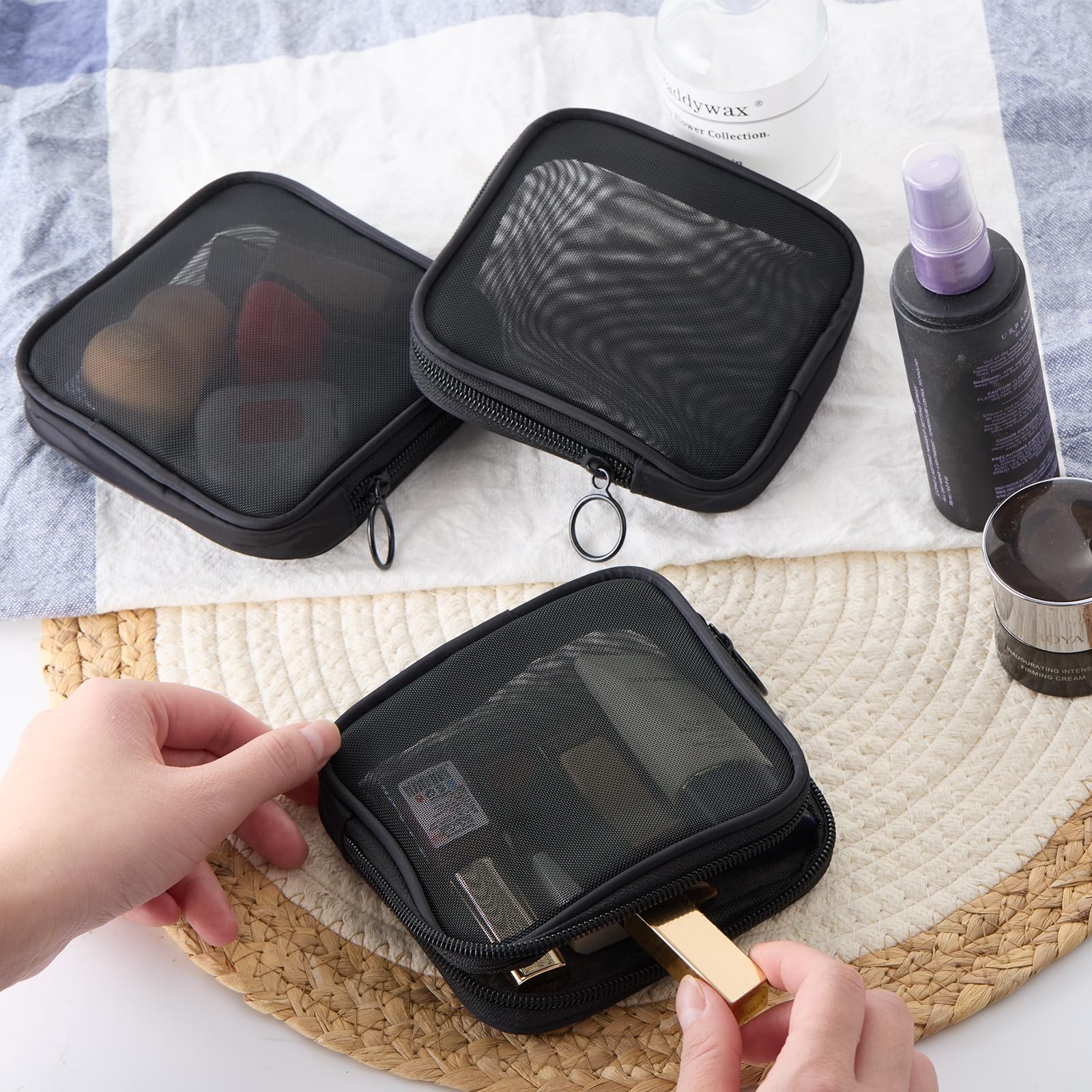 Fnuqz 4 Pcs Mesh Cosmetic Bag Transparent Zipper Mini Black