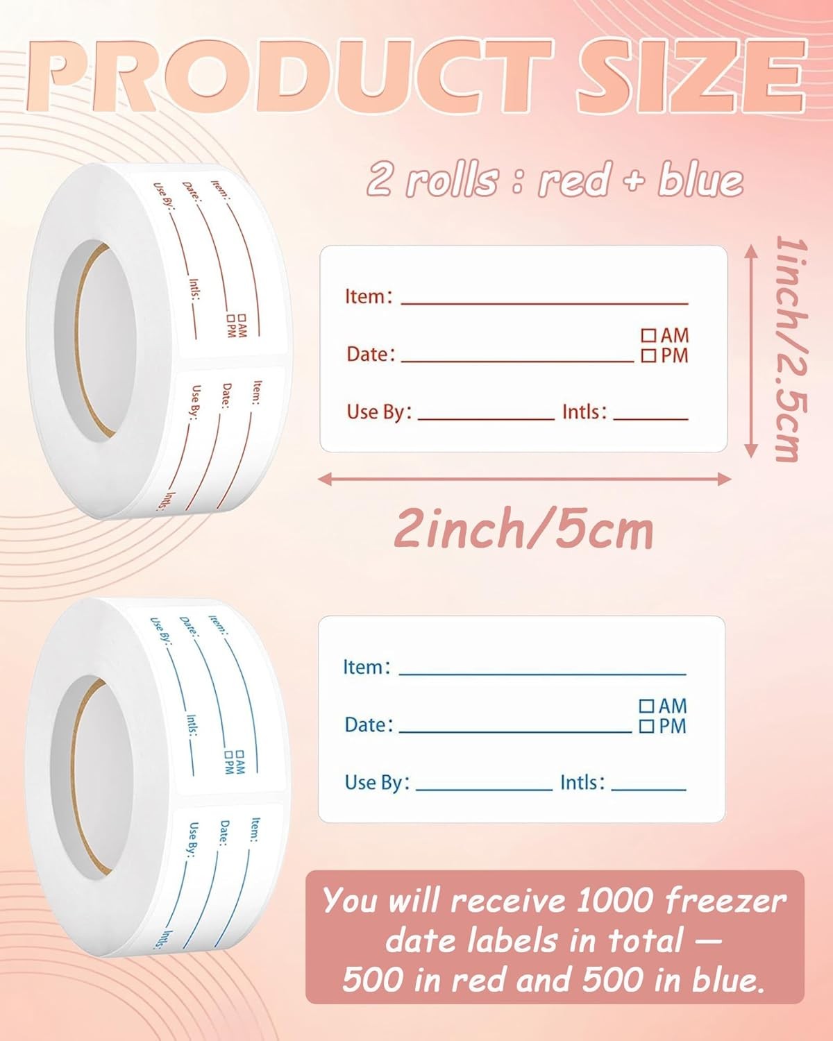 2 Rolls 1000 Pieces Removable Food Labels, 1 X 2 Inch Date Stickers for Freezer,