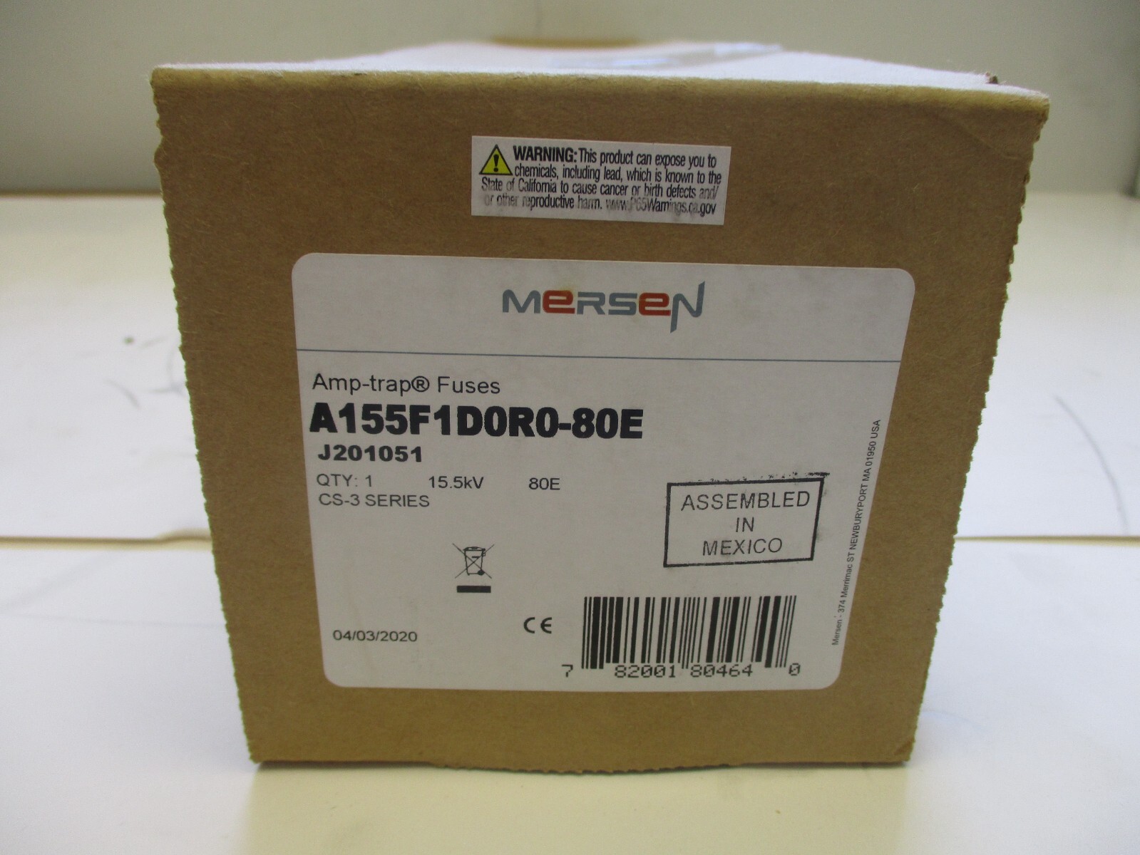 MERSEN FERRAZ SHAWMUT FUSE P/N: A155F1D0R0-80E 15.5 KV 80E AMP INDOOR/OUTDOOR