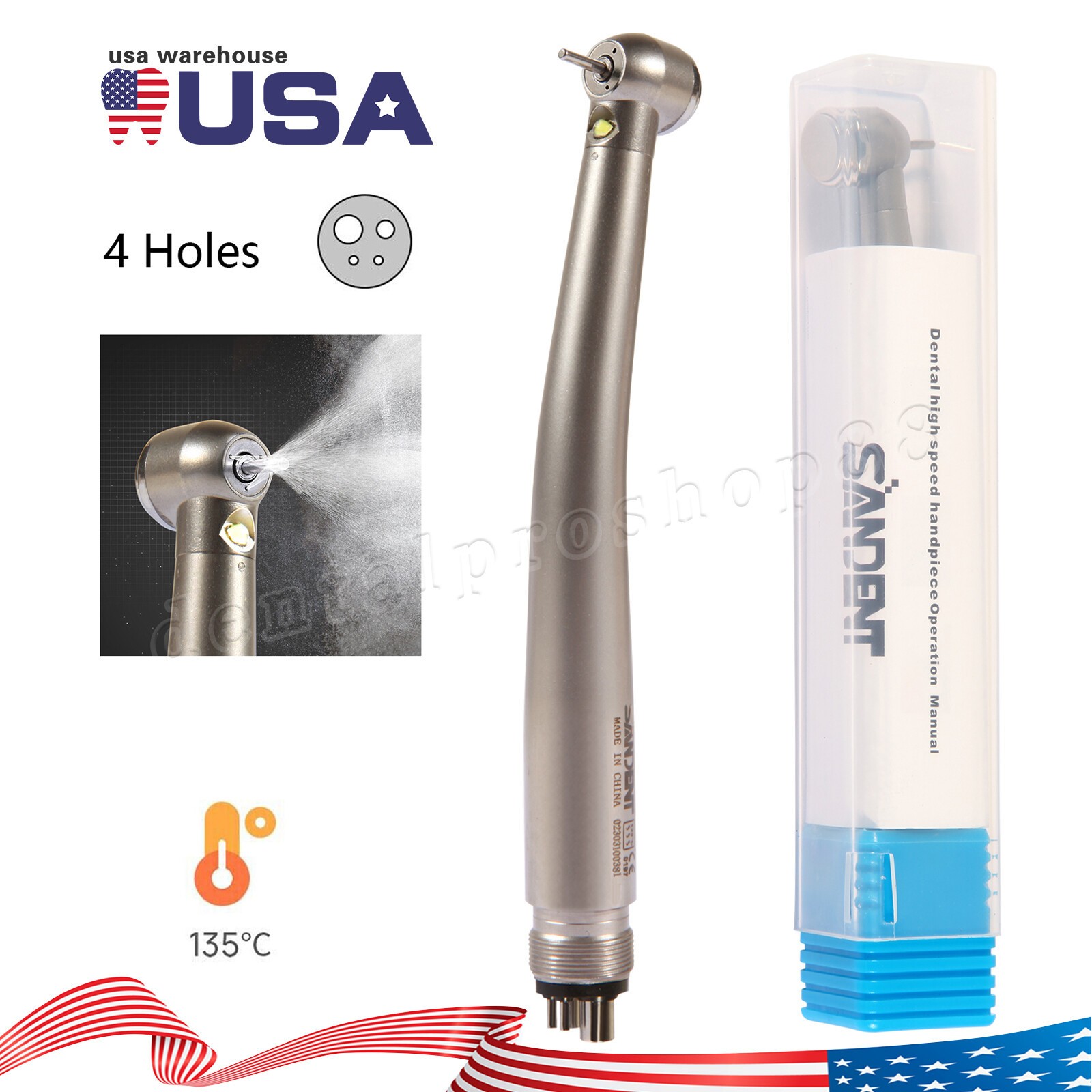 Dental Fiber Optic LED High Speed Handpiece 4Holes Internal triple spray fit Kav