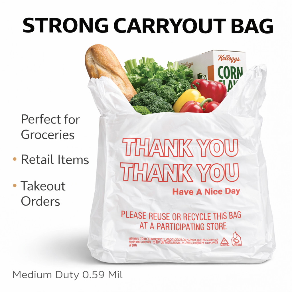 100 Bags 1/6 Large 21 x 6.5 x 11.5 “Thank You” T-Shirt Plastic Grocery Shopping