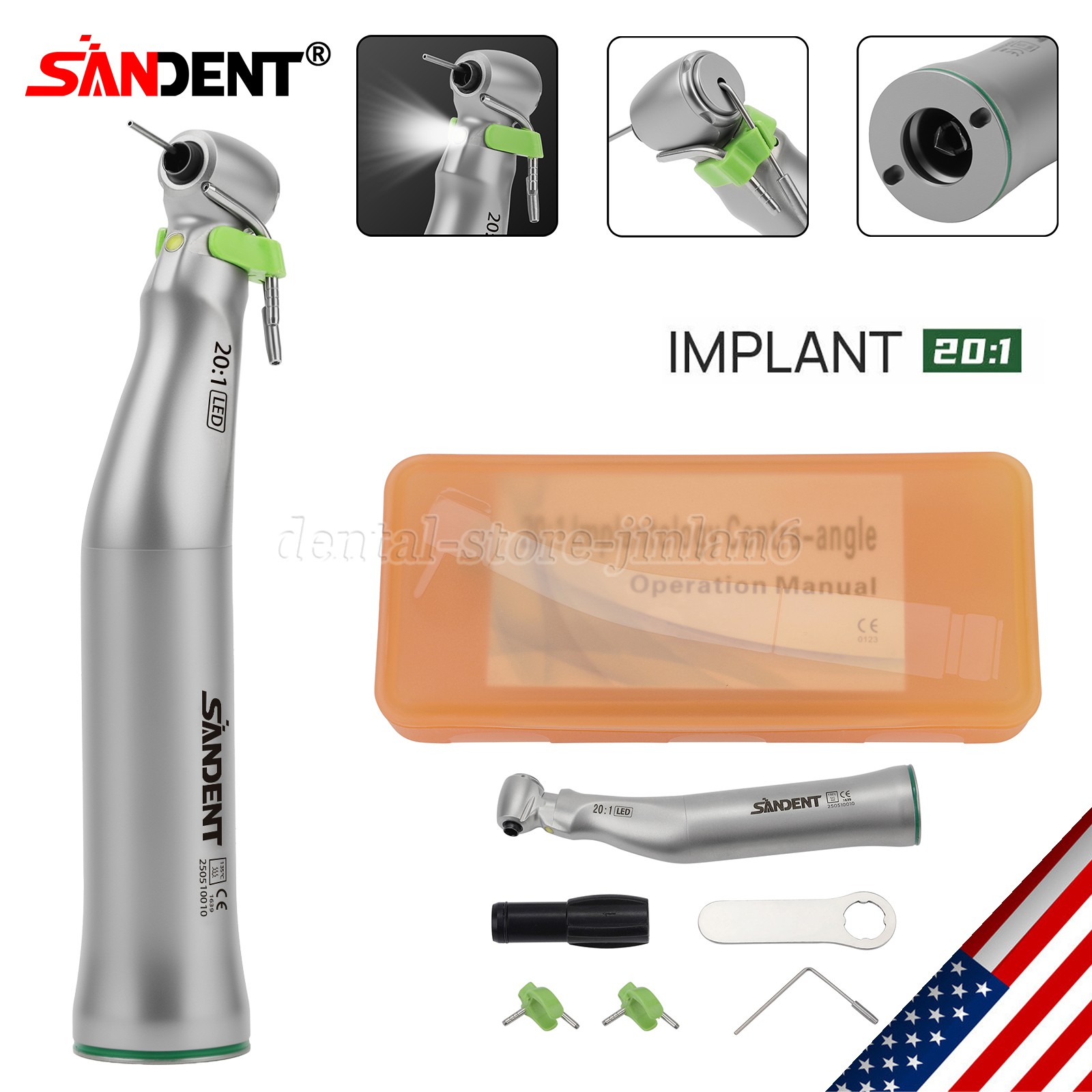 New WS-75 LG 20:1 LED+ Contra Angle E-Type for W&H Dental Implant Surgical Motor