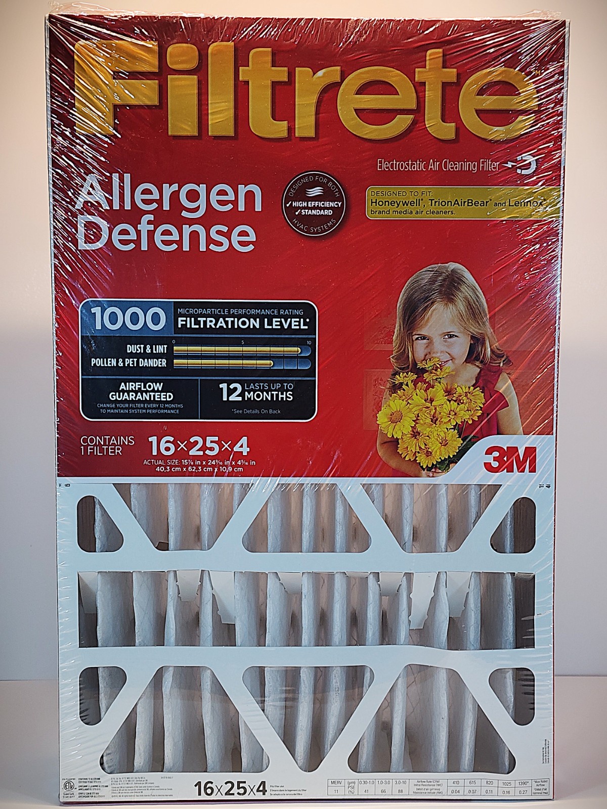 3M Filtrete 16x25x4 Air Filter, MPR 1000, MERV 11, Allergen Qty of 3