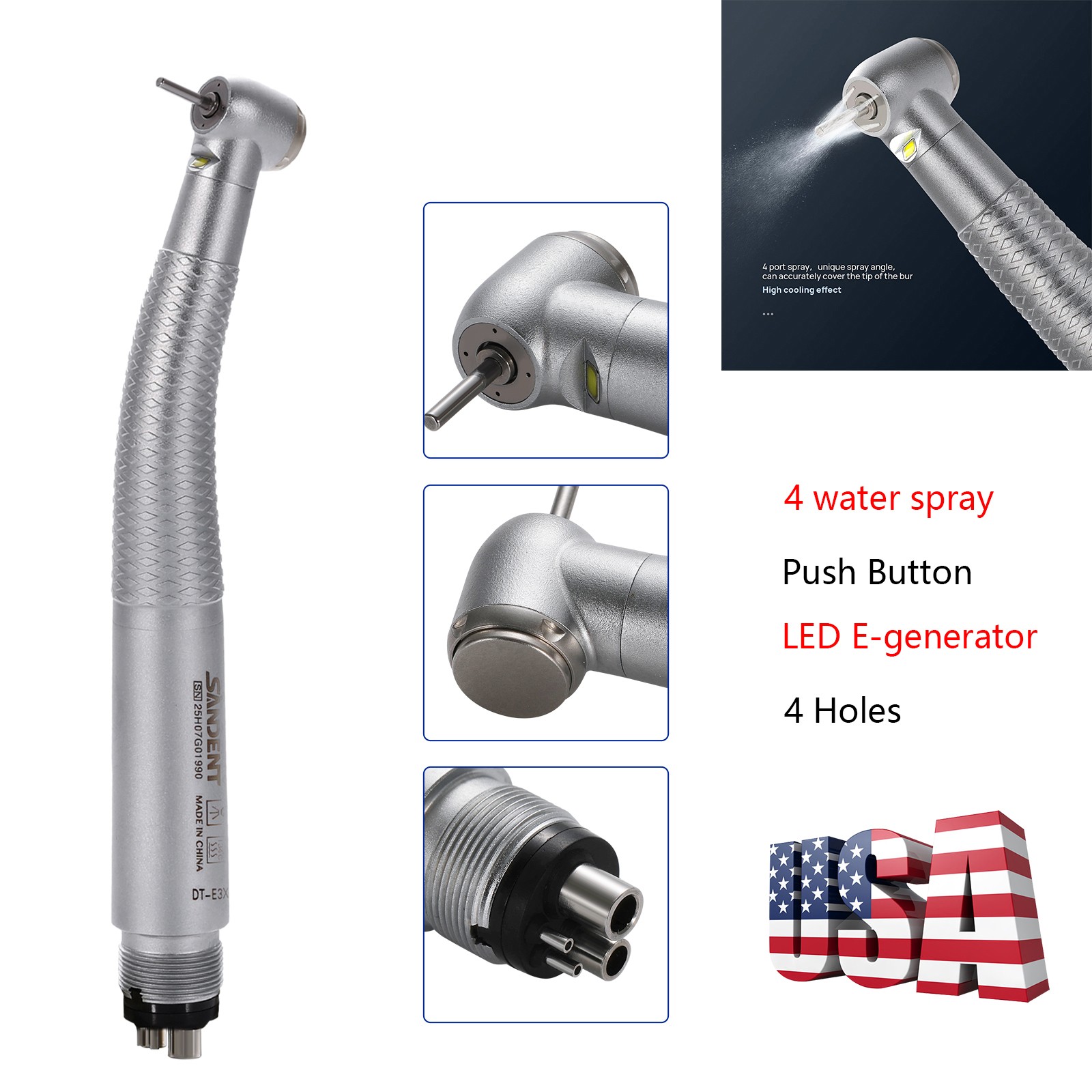 Dental LED E-generator High Speed Handpiece 4Holes 4-Port Spray SANDENT FG1.60mm