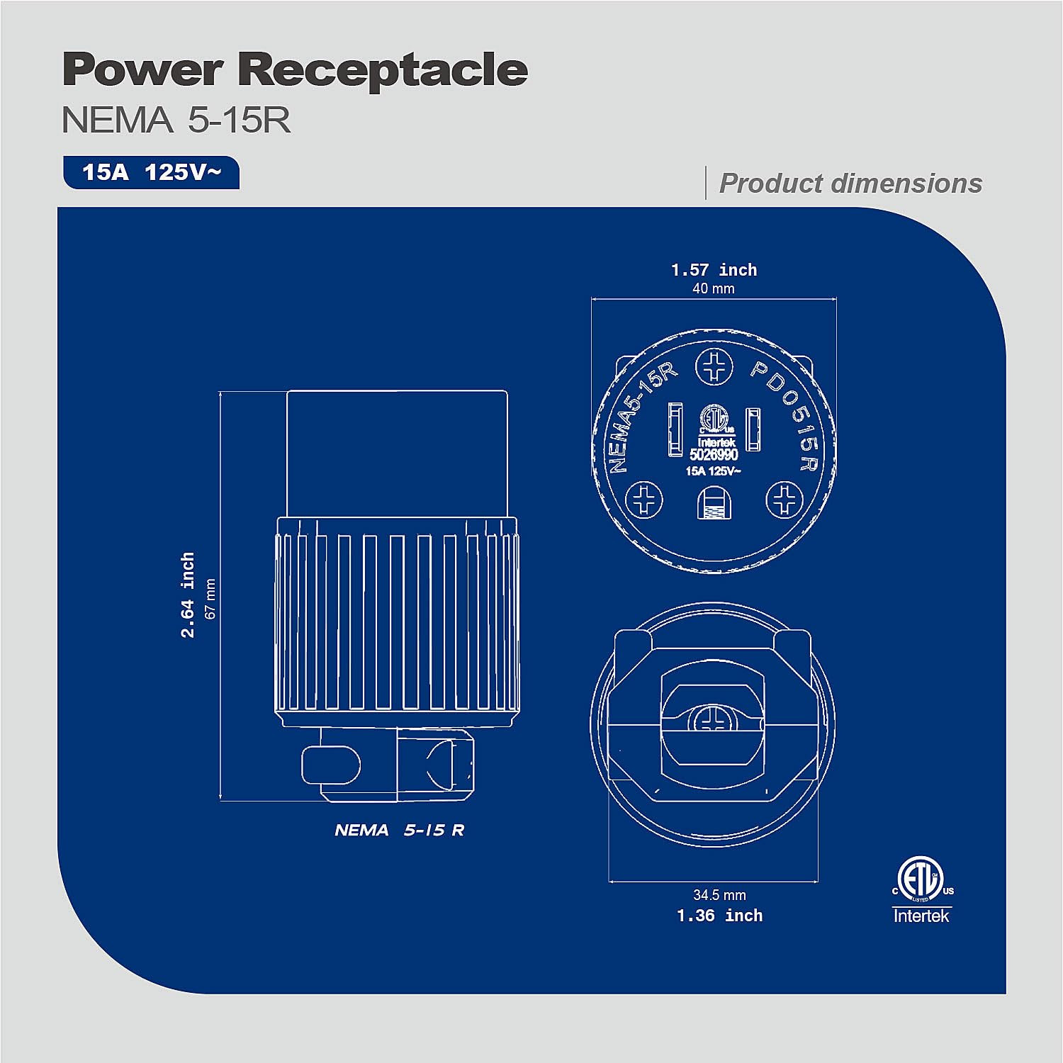 NEMA 5-15R Industrial Grade Female Socket – ETL Listed & CSA Certified – 15A/125