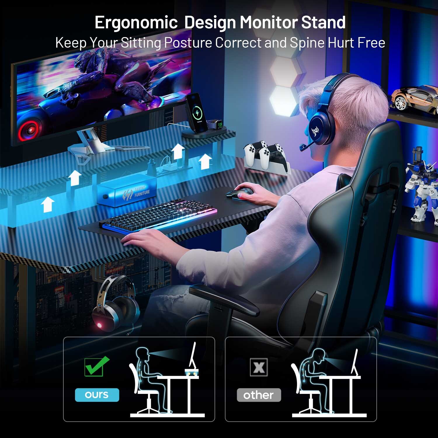 Gaming Desk with LED Lights & Power Outlet, Gamer Desk with Monitor Stand