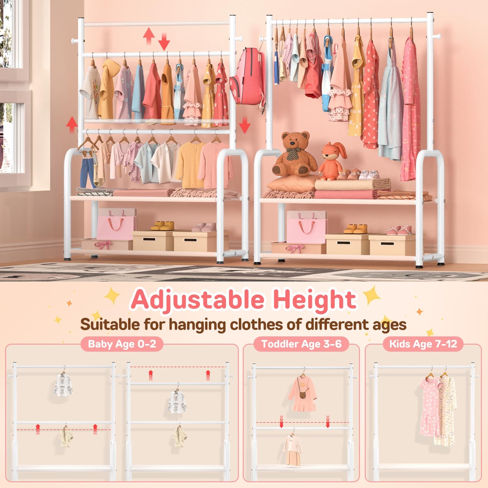 ZHKINGGS Kids Clothing Rack with 2-Layer 29.53″W x 13.58″D x 55.9″H, White