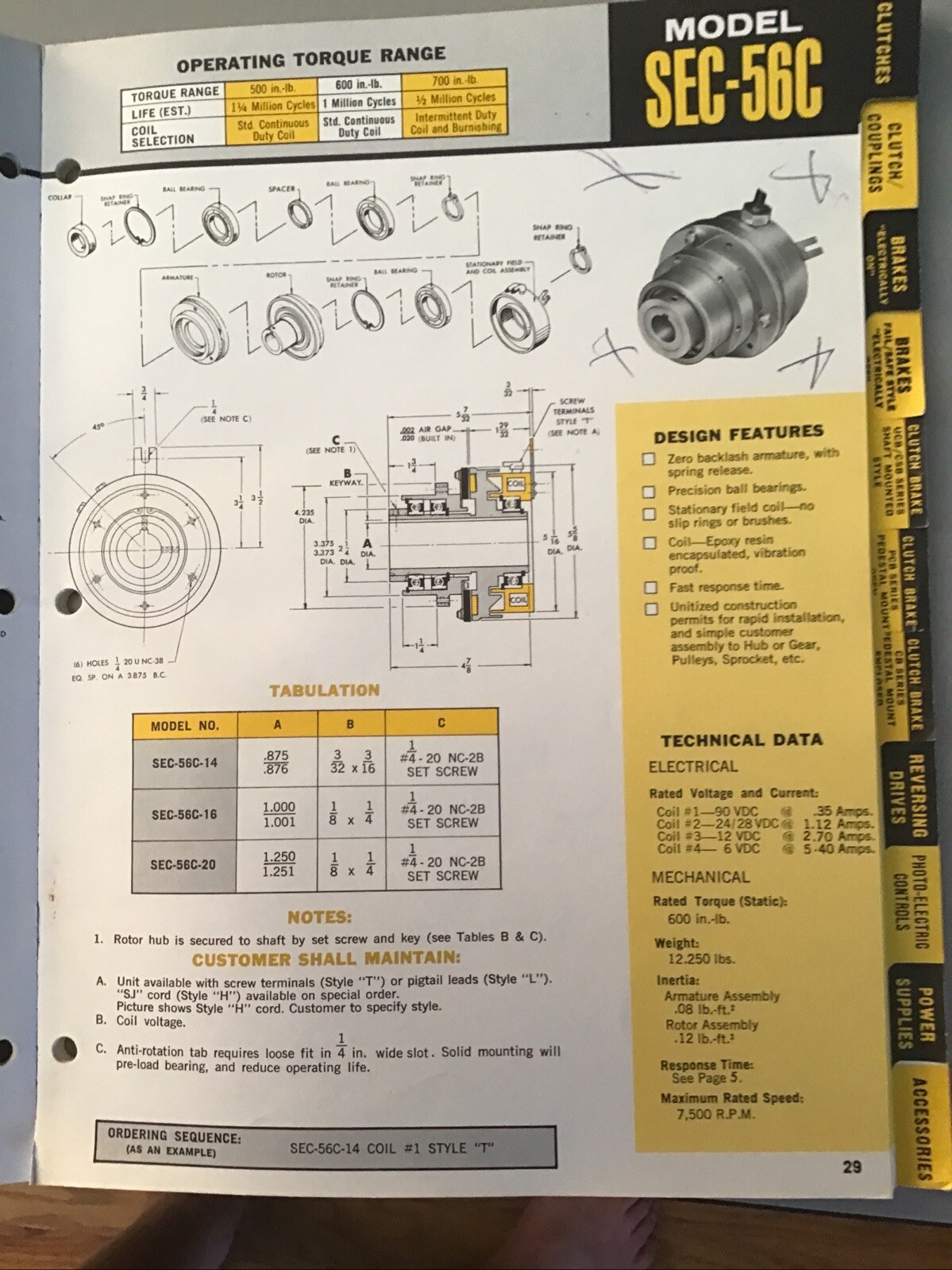 ELECTROID ELECTROMAGNETIC CLUTCH 1-1/4” SHAFT. # SEC-56C-20. 7,500 Rated RPM.