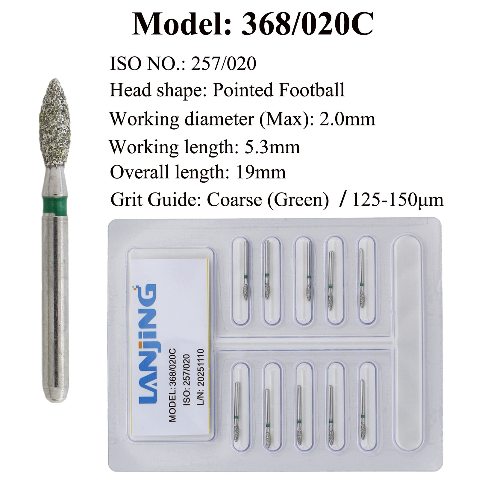 Dental Diamond Bur 368/023C 368/023F Pointed Football FG Burs Fine Coarse Burr